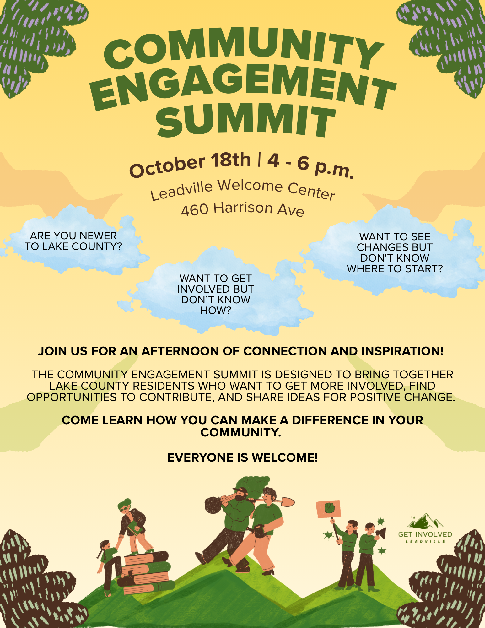 Flyer for the Community Engagement Summit in Leadville on October 18th from 4 to 6 p.m. at 460 Harrison Ave. Features a yellow background with green and purple decorative elements, including illustrations of people engaged in community activities at 
