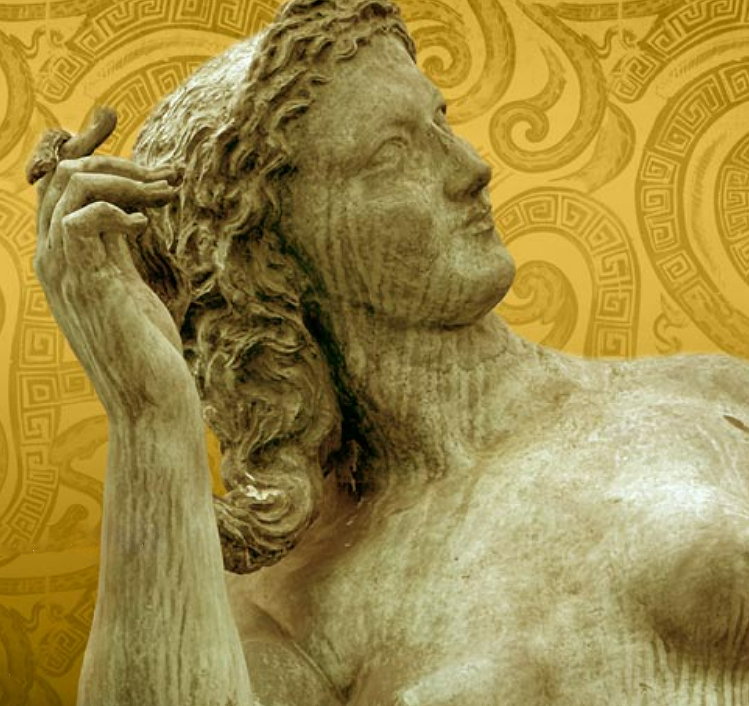 Close-up of a stone sculpture of a woman with long, curly hair, resting her chin on her hand, with a decorative pattern in the background.
