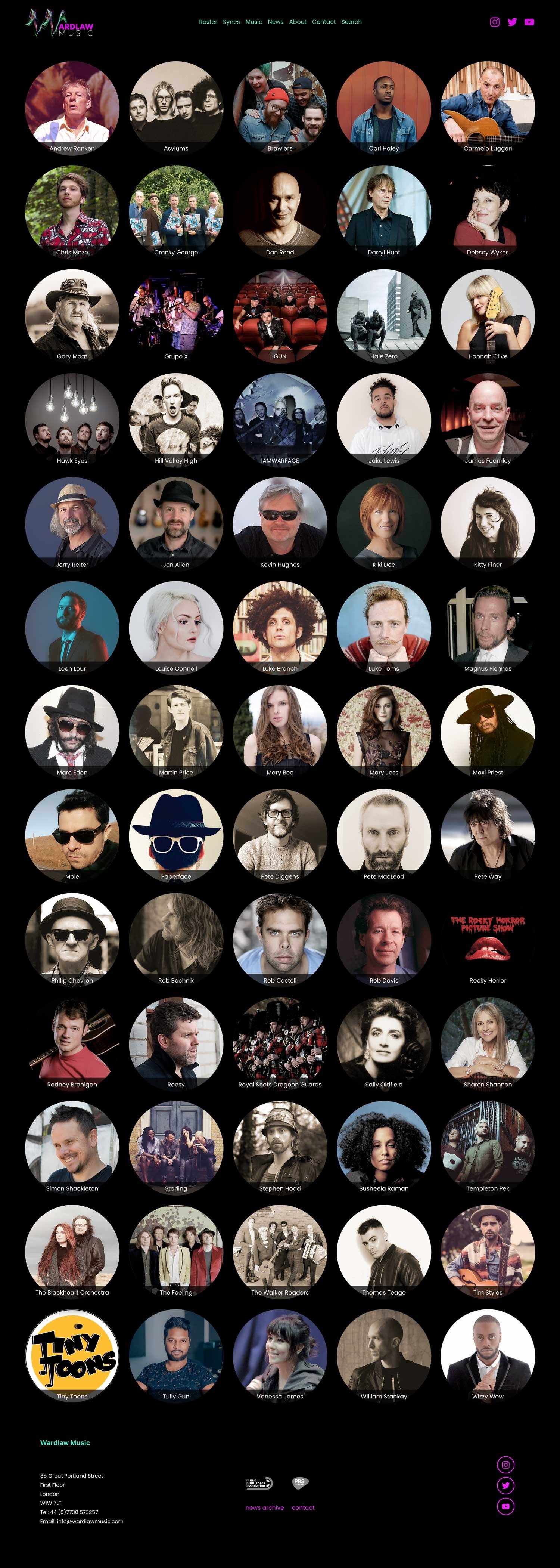 music publishing website artist roster sample page