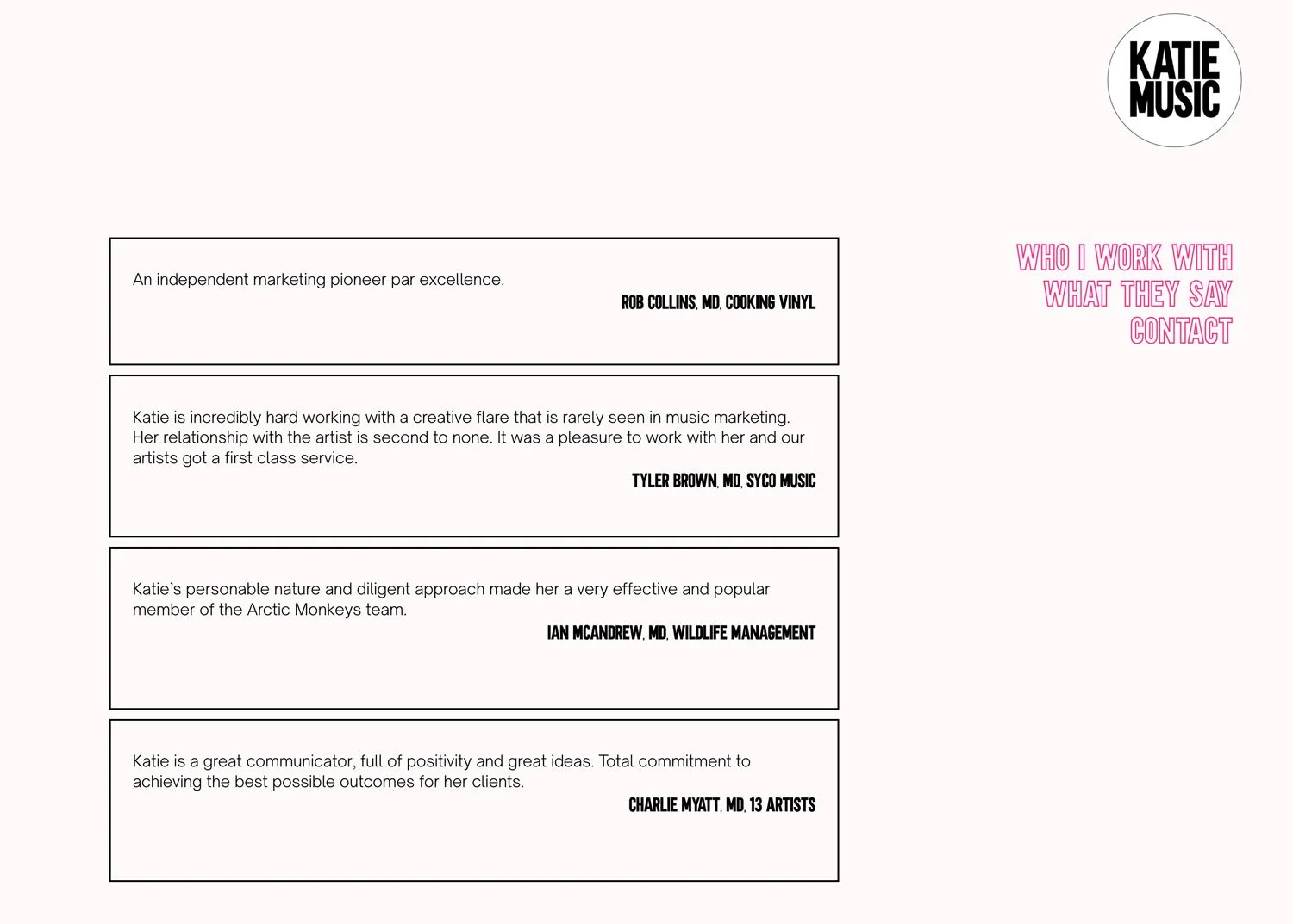 Katie Music website sample page of testimonials
