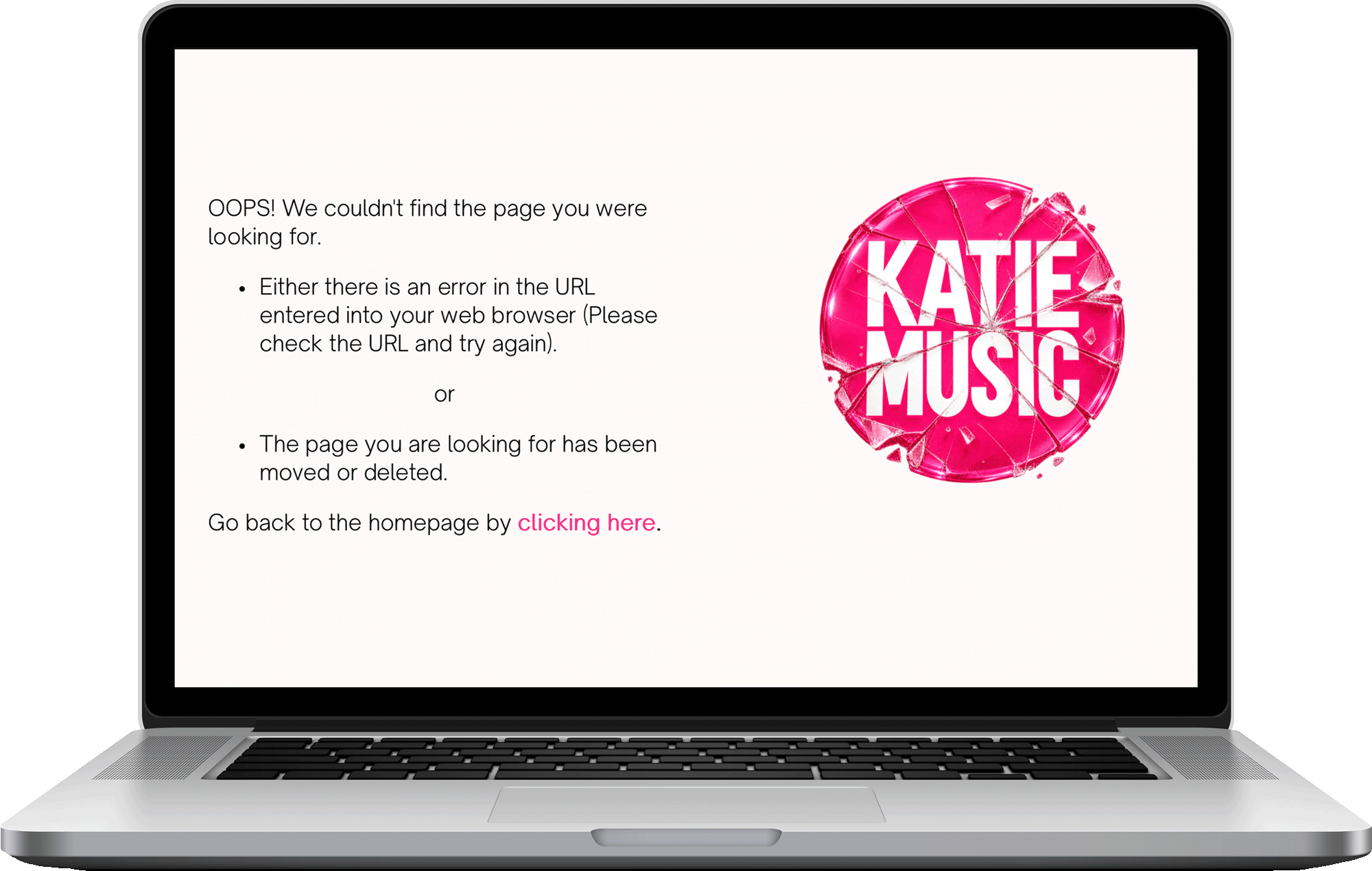 Katie Music 404 page on a laptop computer
