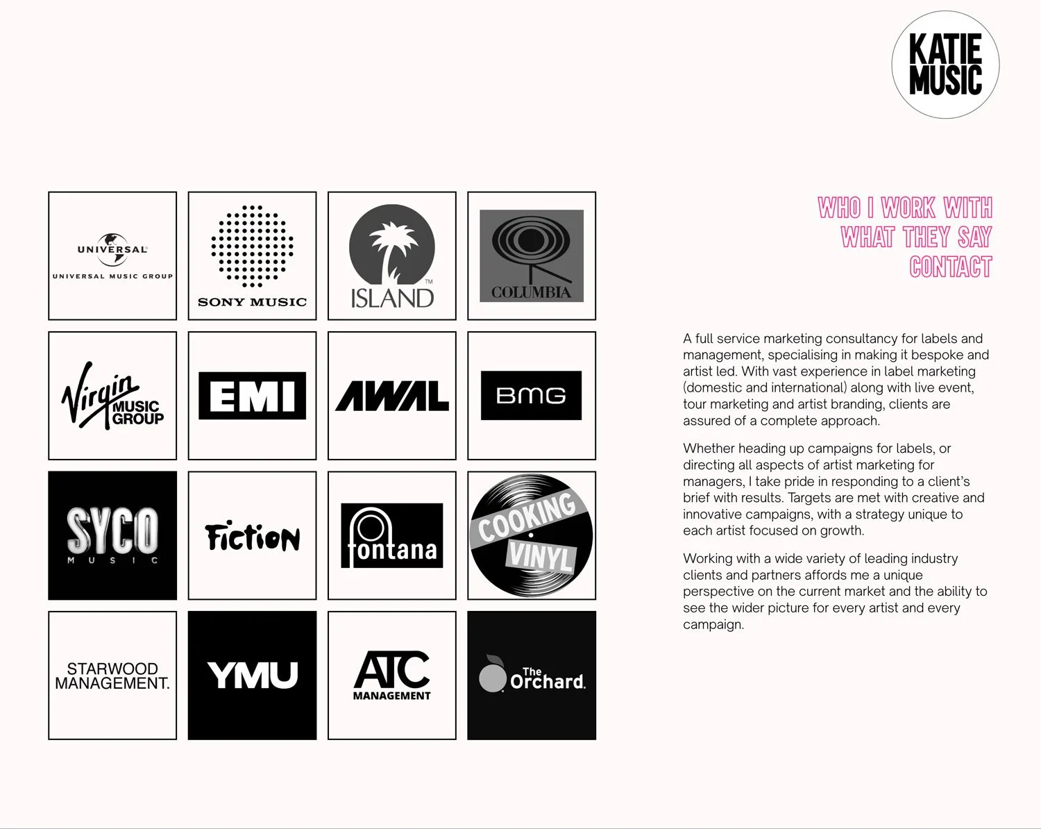 Katie Music website sample page of who she works with