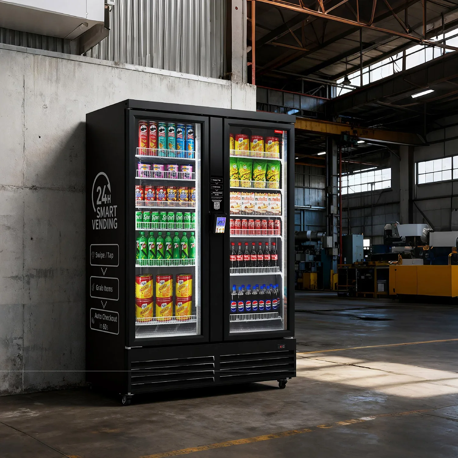 Black vending machine with snack and beverage options inside, located in an industrial warehouse setting with high ceilings and windows.