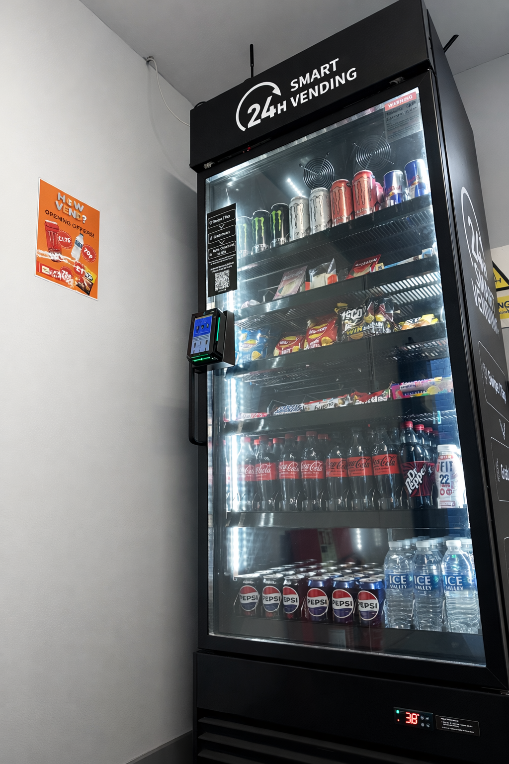 A vending machine labeled '24H SMART VENDING' filled with various beverages including energy drinks, soda cans, and water bottles, located in a corner against a white wall with an orange advertisement poster nearby.