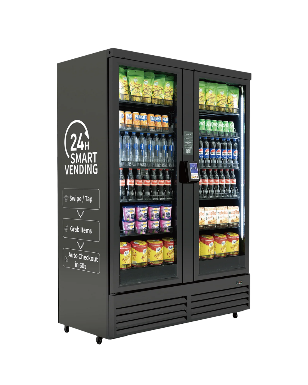 Vending machine with snacks and beverages, featuring a digital payment screen and icons for 24-hour service, swipe/tap, grab items, and auto checkout.