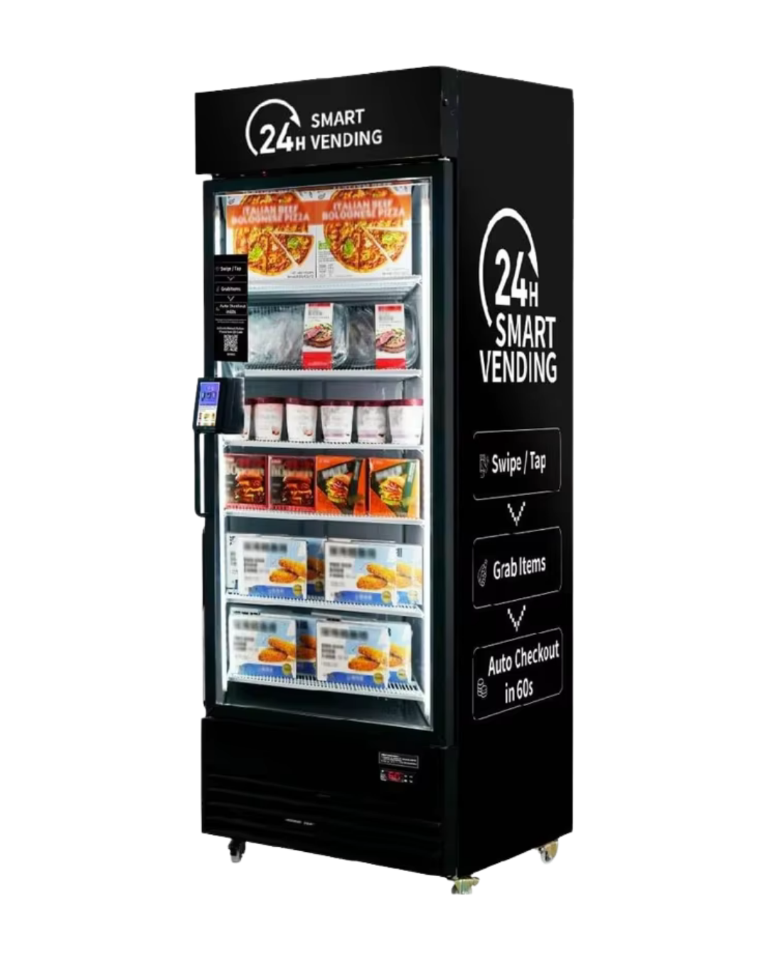 A vending machine labeled '24H SMART VENDING' offering pizza, snacks, and frozen meals with touch screen and cashless payment options.