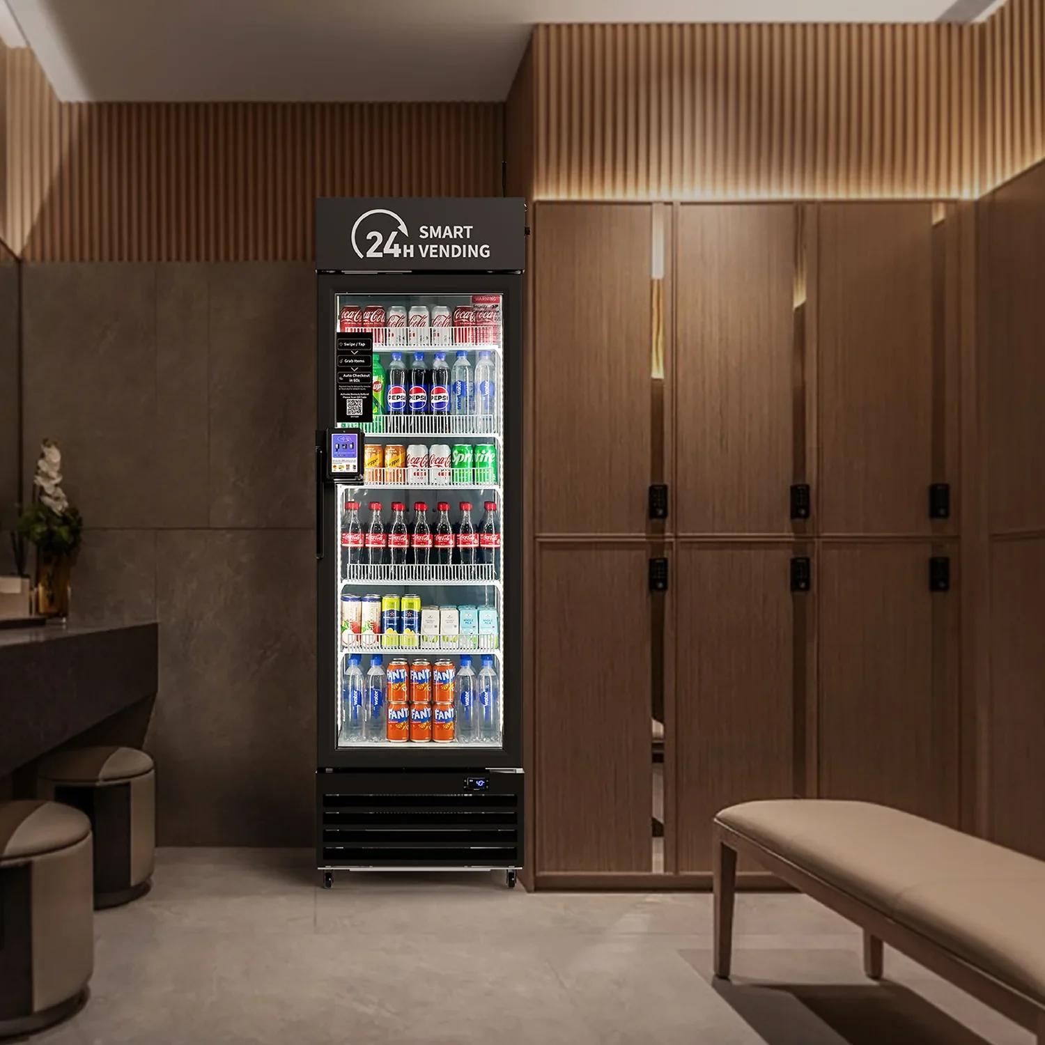 A vending machine next to closed wooden lockers in an indoor space.