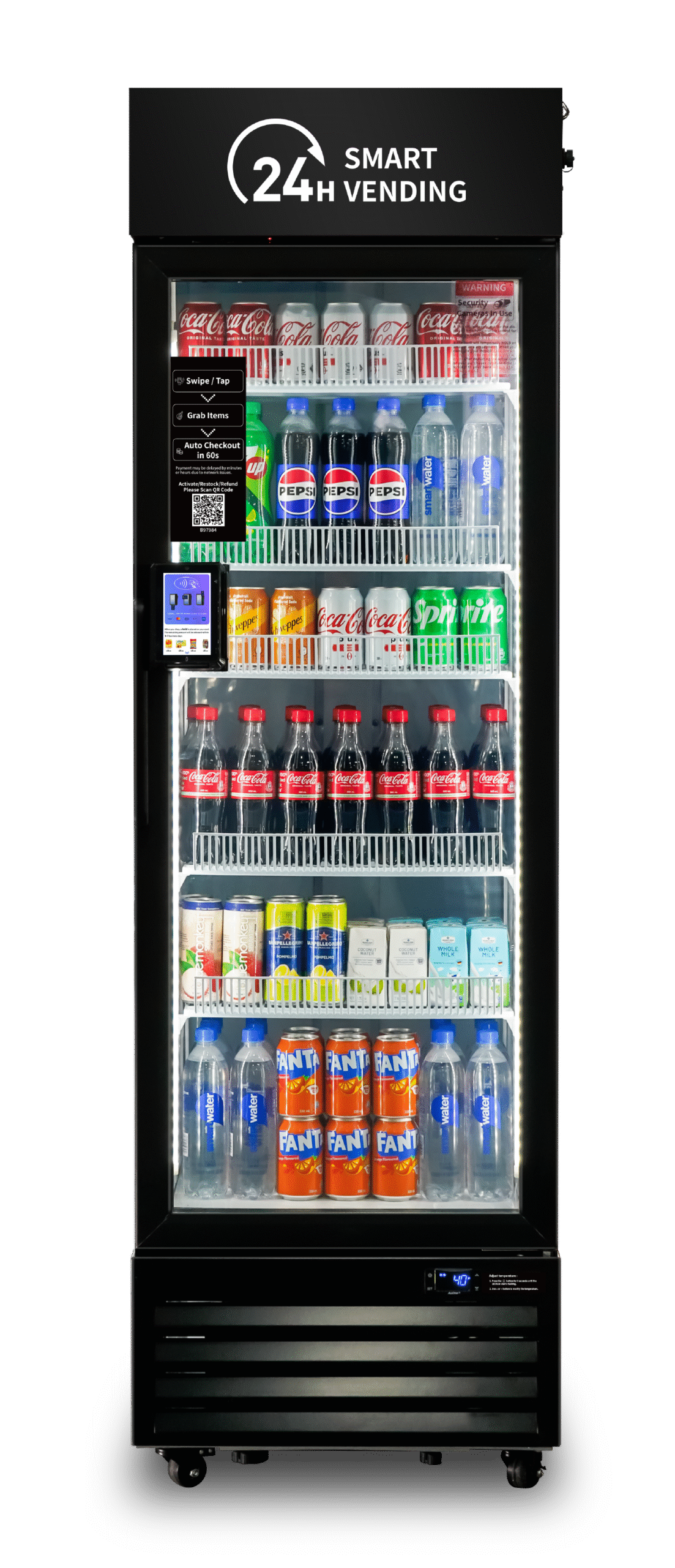 A vending machine stocked with soft drinks, including Coca-Cola, Fanta, Sprite, Pepsi, Mountain Dew, Smart Water, and others, with a digital payment screen on the left and a sign indicating 24-hour vending