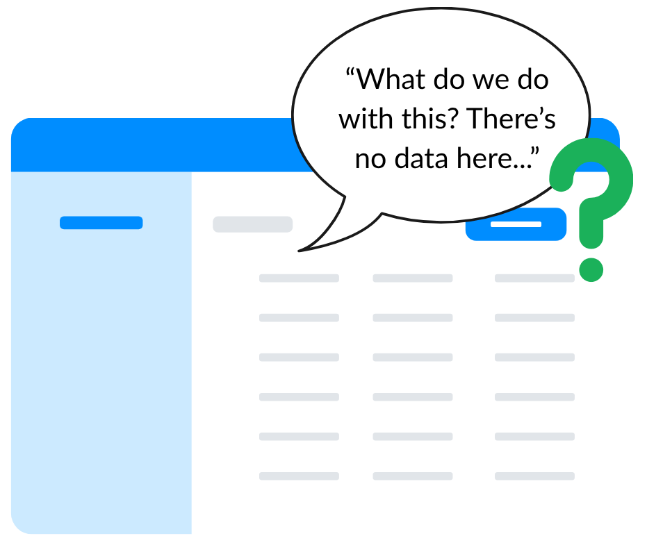 Chart with ambigious data with a thought bubble that says "What do we do with this? There's no data here..."