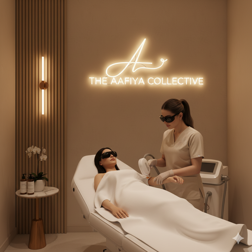 A woman lying on a treatment bed in a spa or skincare clinic, wearing protective sunglasses, while a technician in beige scrubs and gloves performs a procedure using a handheld device. Laser hair removal The Aafiya Collective Blackburn, Lancashire