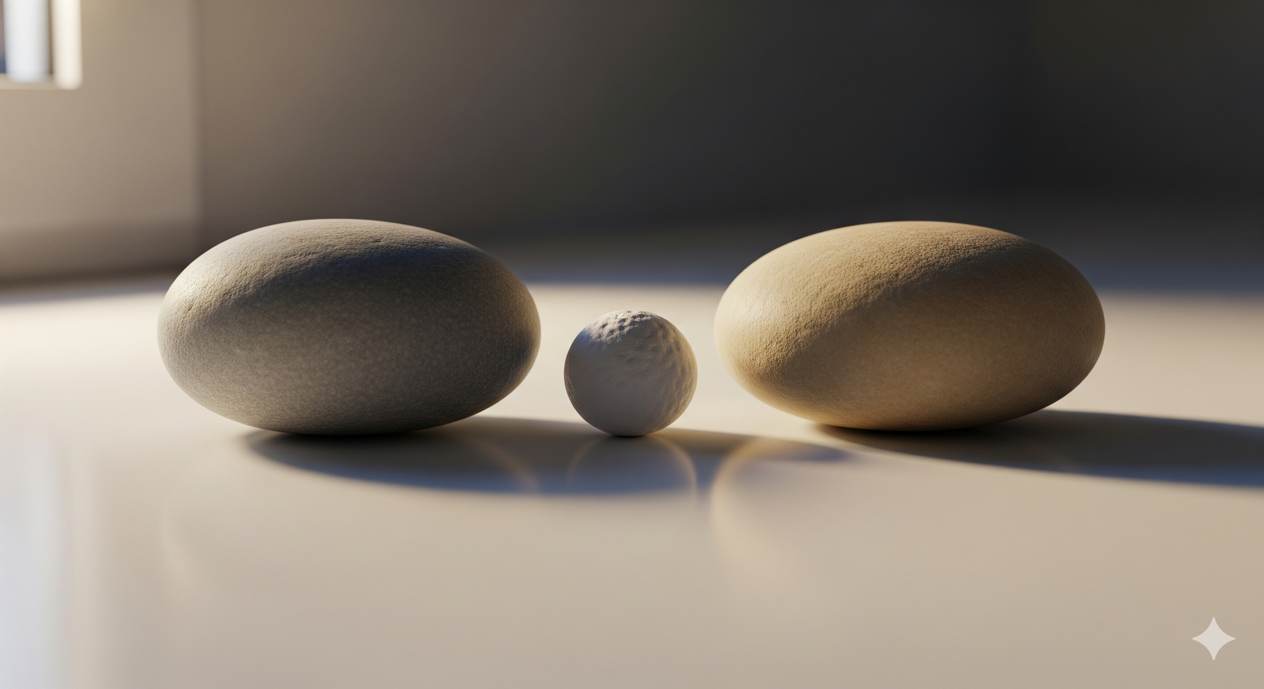 Three round objects on a white surface with shadows. Two larger objects on the sides and a smaller one in the middle.