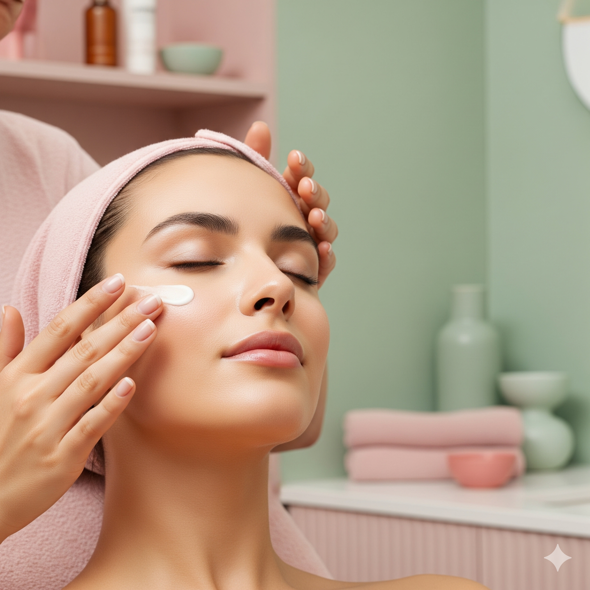 A woman relaxing at a spa getting her face pampered, with a pink headband and a skincare cream on her cheek. Facial at The Aafiya Collective, Blackburn, Lancashire