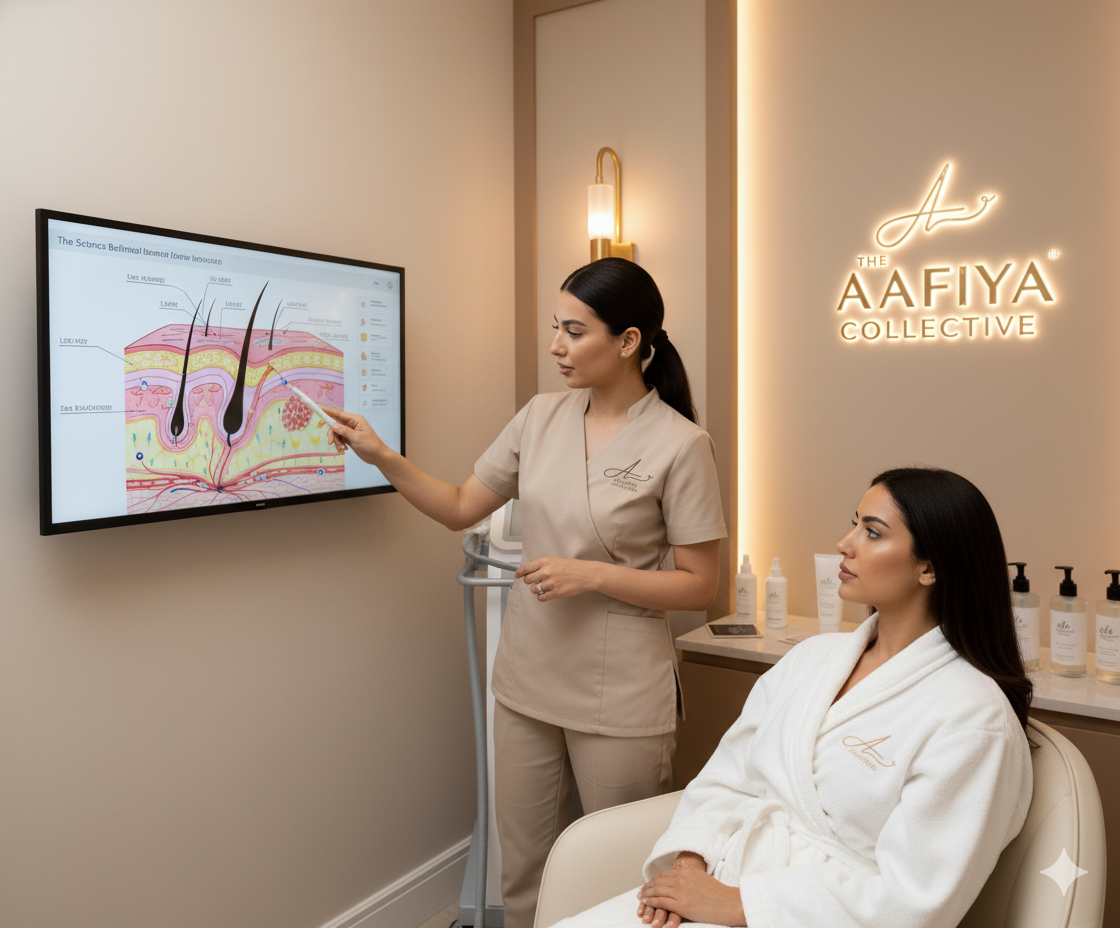 Professional clinician and client consultation with iPad, discussing bespoke laser hair removal and skin rejuvenation in a Blackburn Lancashire clinic.