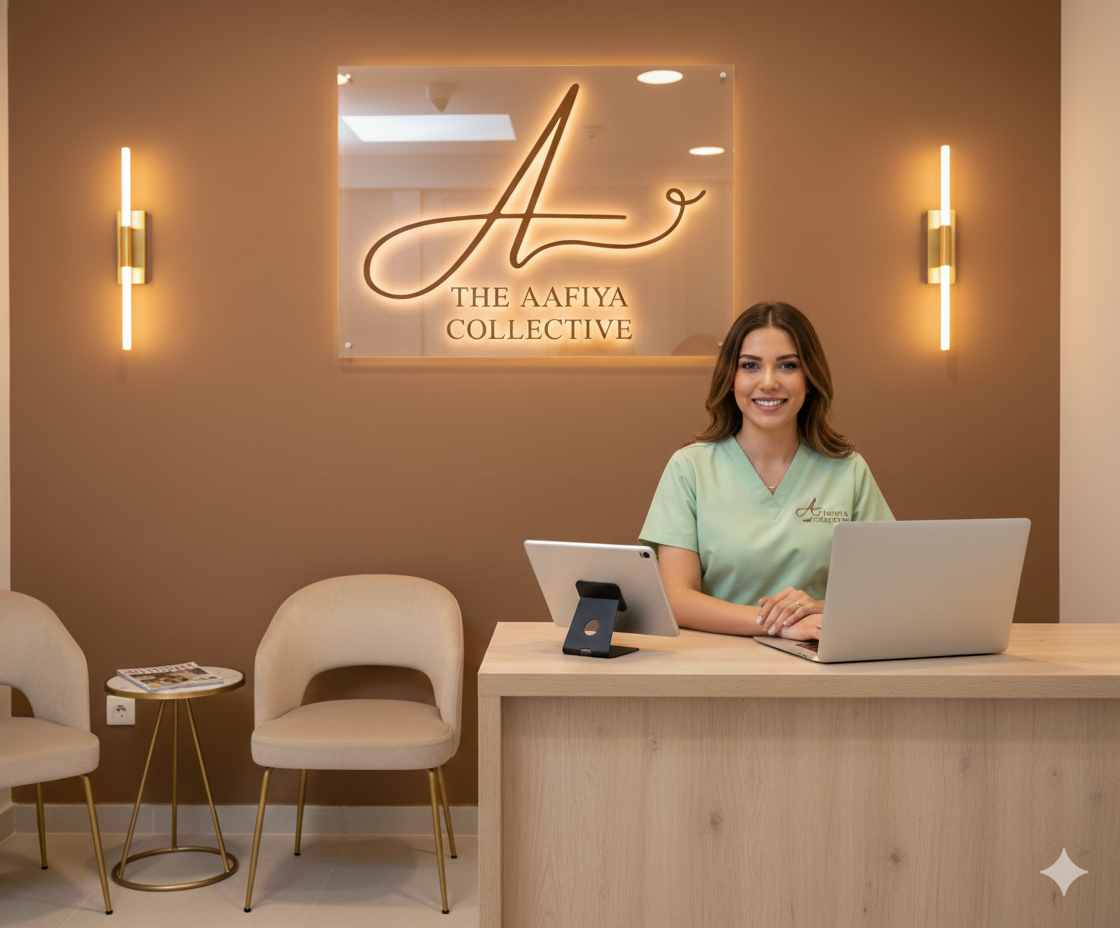 Welcoming reception desk area with staff member at The Aafiya Collective aesthetic clinic in Blackburn, Lancashire.