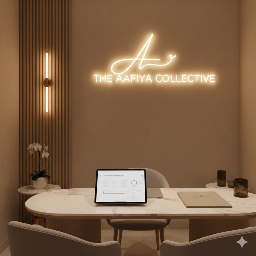 Bespoke treatment plan and consultation paperwork on desk at The Aafiya Collective in Blackburn, Lancashire.