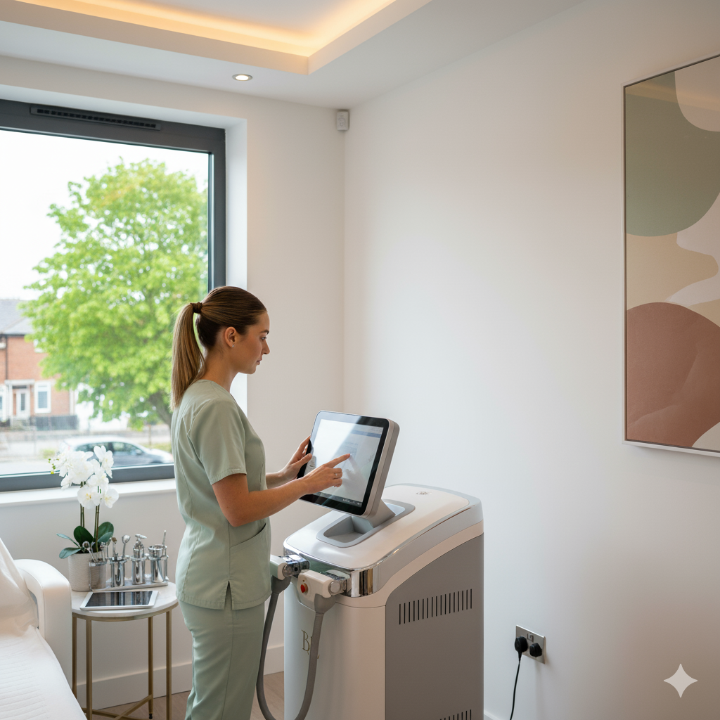 A woman in medical scrubs using a touchscreen medical device in a modern, well-lit room with a large window, a bed, a nightstand with flowers, and a piece of abstract art on the wall.