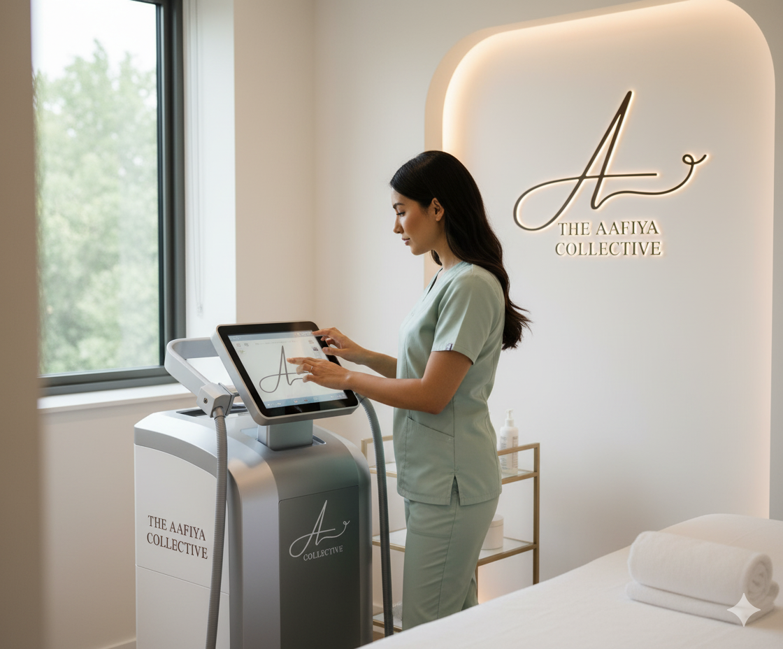 Expert clinician configuring professional laser hair removal machine in a Blackburn aesthetic clinic - The Aafiya Collective
