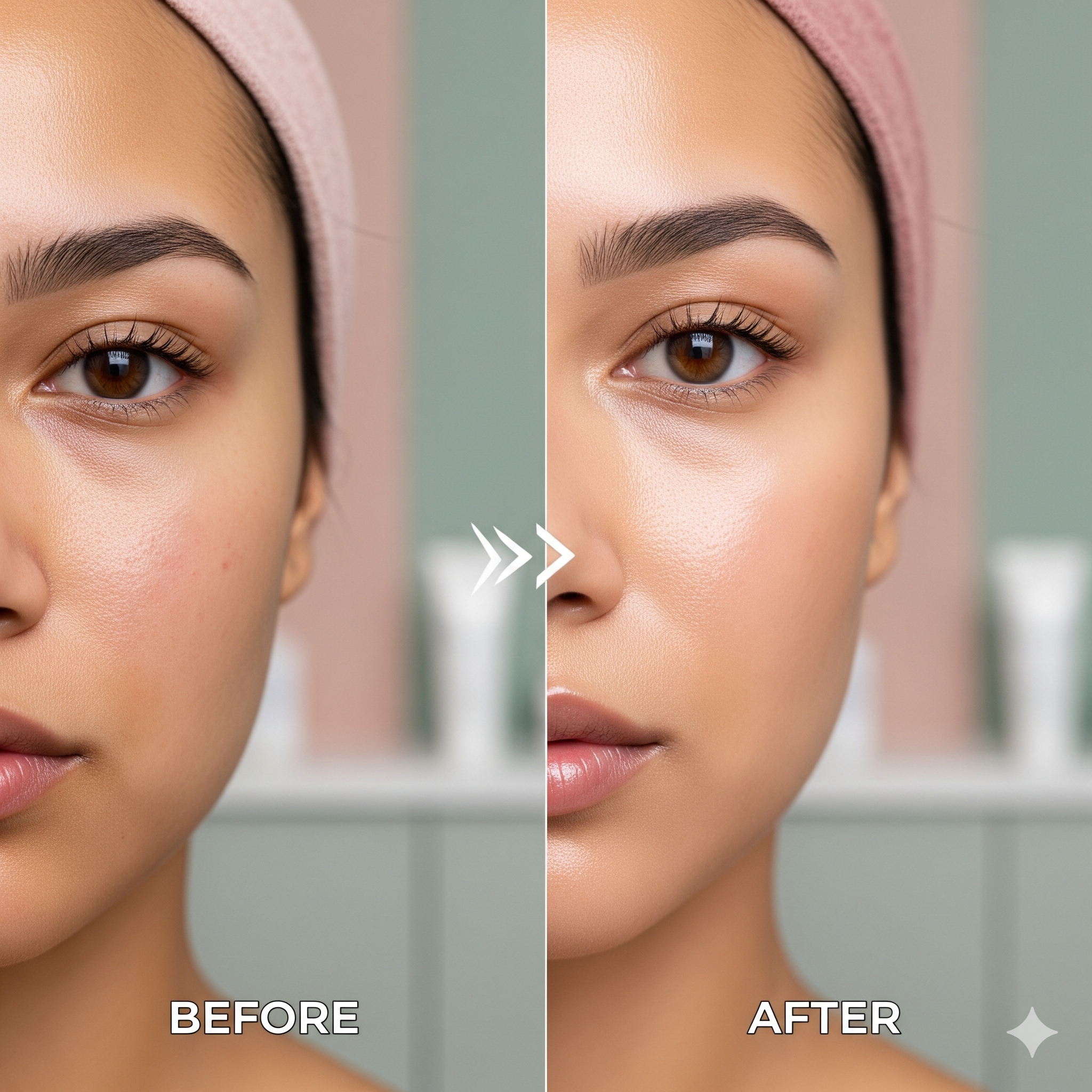 Close-up of a woman's face showing a before and after comparison of her skin, with smoother, clearer skin after skincare at the Aafiya collective. Blackburn, Lancashire