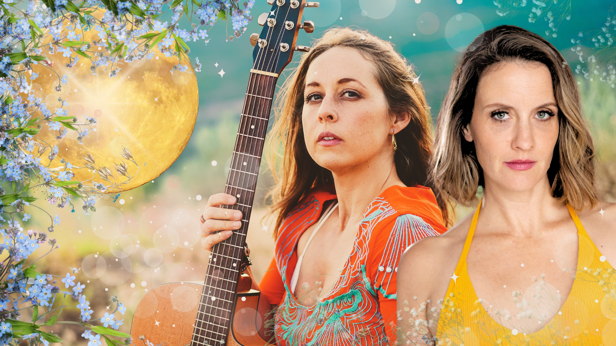 Two women with shoulder-length hair, one holding a guitar, posing outdoors with a background of an abstract scene including a large moon, flowers, and light effects.