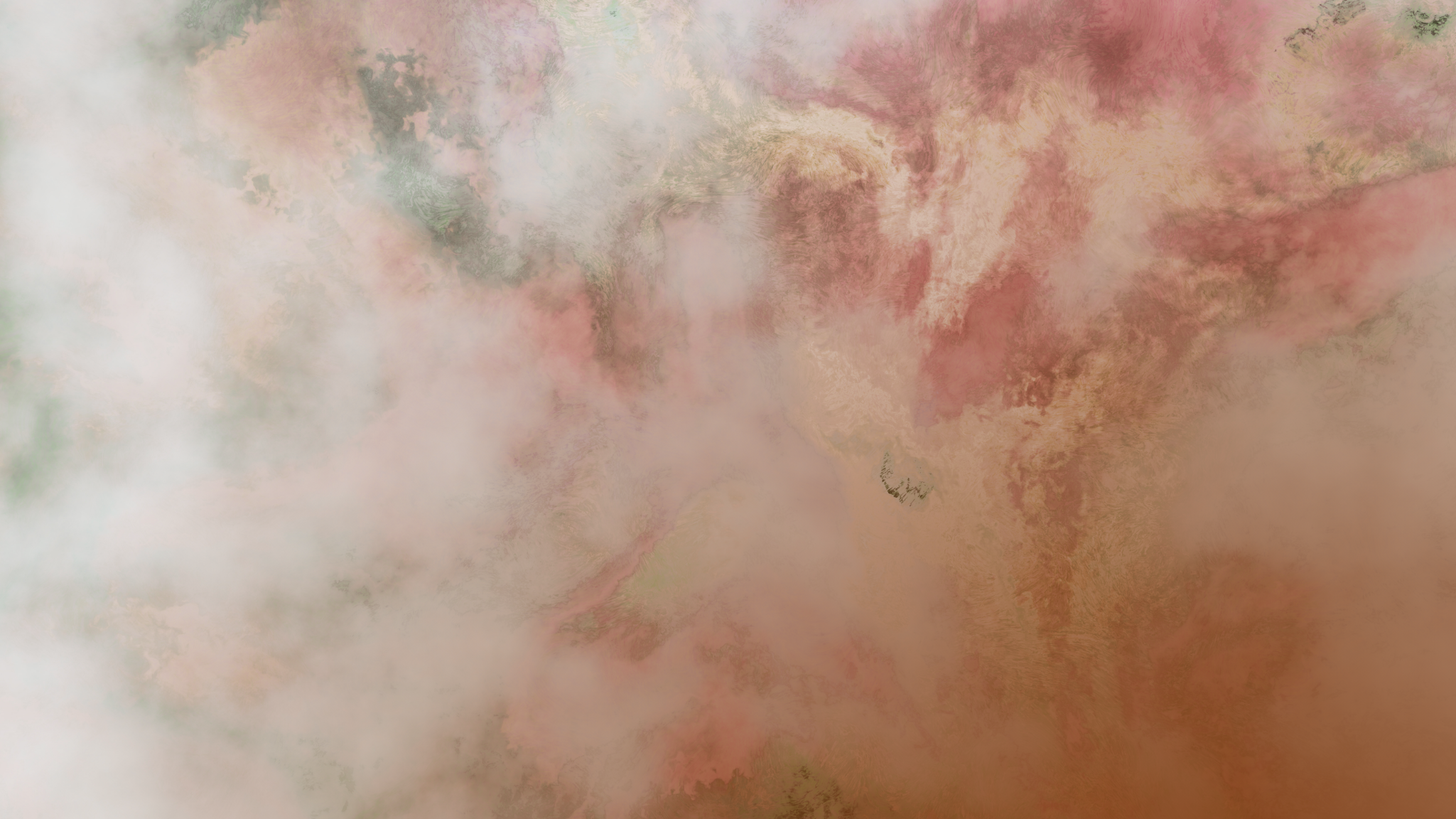 Abstract landscape with pink, green, and white hues, resembling clouds or mist.