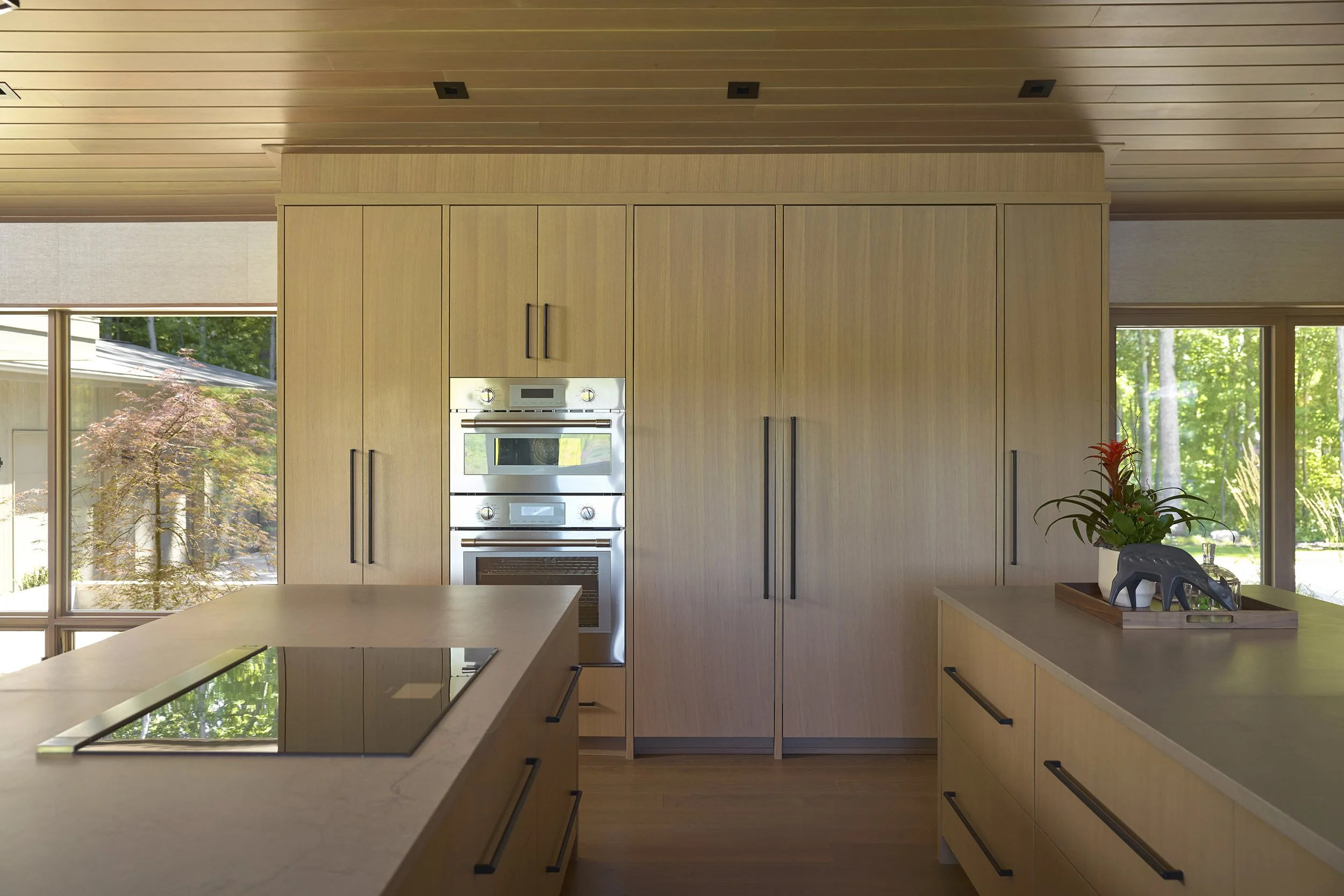 Modern kitchen with built-in oven and microwave, light wooden cabinetry, large windows revealing greenery outside, and a kitchen island with a cooktop and decorative plant.