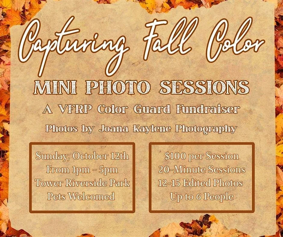 Join us for our Capturing Fall Color mini photo sessions this Sunday at 1:00 PM! Help support the Voices of Flat River Pride Color Guard with this fundraiser. Don't miss out on capturing the beauty of fall while giving back to a great cause. #Capturi