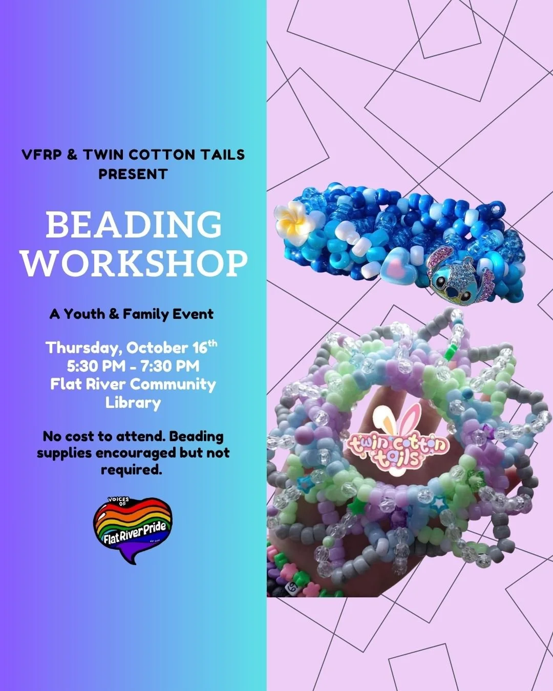 Get ready to bead, create, and express yourself at the Beading Workshop hosted by VFRP&rsquo;s Youth &amp; Family Committee and Twin Cotton Tails! Don't miss out on this fun night of crafting on Thursday, October 16th at 5:30 PM. Link in bio for more