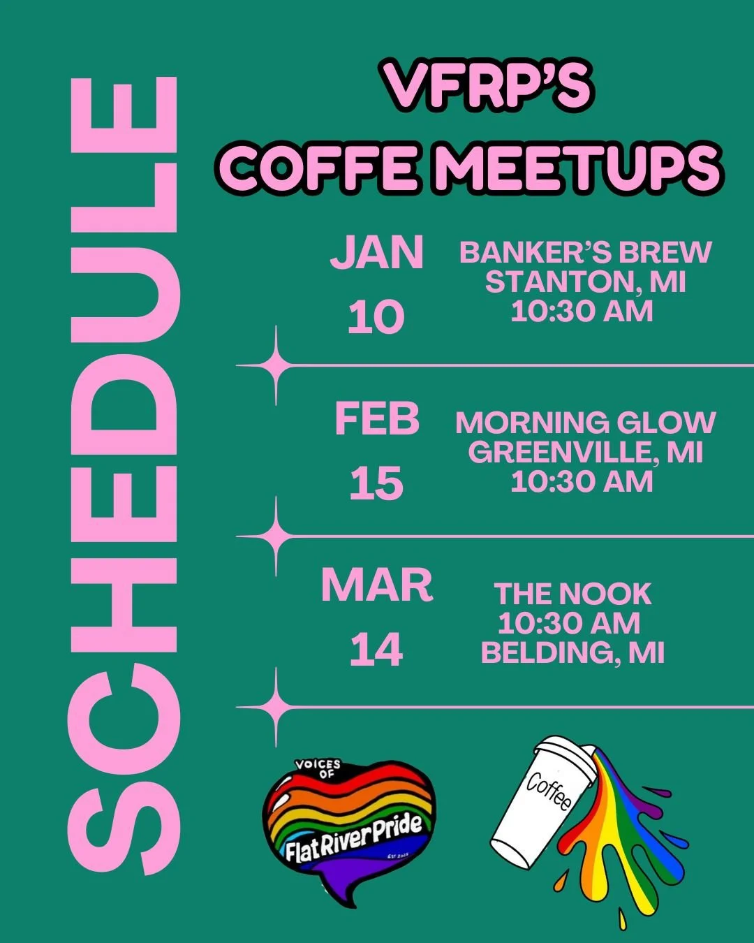 ☕✨ VFRP&rsquo;s 2026 LGBTQIA+ Coffee Meetups are here!
Join us each month as we visit local caf&eacute;s across Montcalm &amp; Ionia counties for connection, conversation, and queer joy.

Whether you&rsquo;re new to the area or already part of our Pr