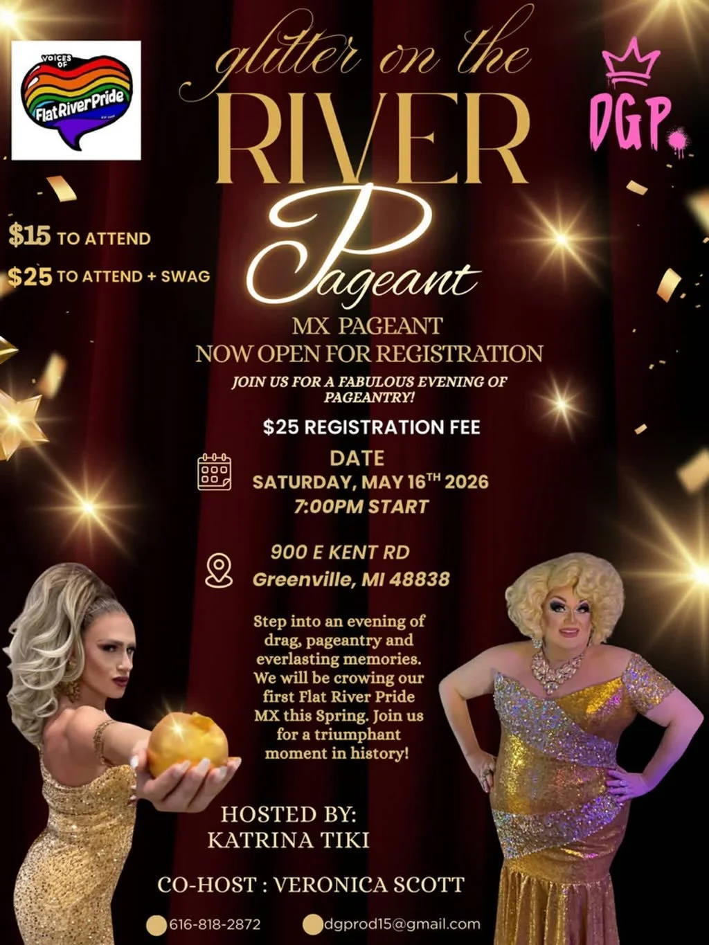 This Saturday, the 1st Glitter on the River - Flat River Pride pageant, to name Mx. Flat River Pride! See our website for tixs!