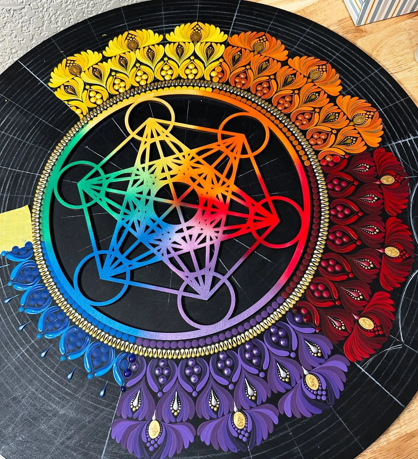 WIP ✨

This custom piece is super challenging, and there is still SO much more to do so it all comes together just perfectly but I just had to do a progress pic 🩶 

It's all about patience and balance 🫶

#painting #artist #dotart #dotpainting #mand