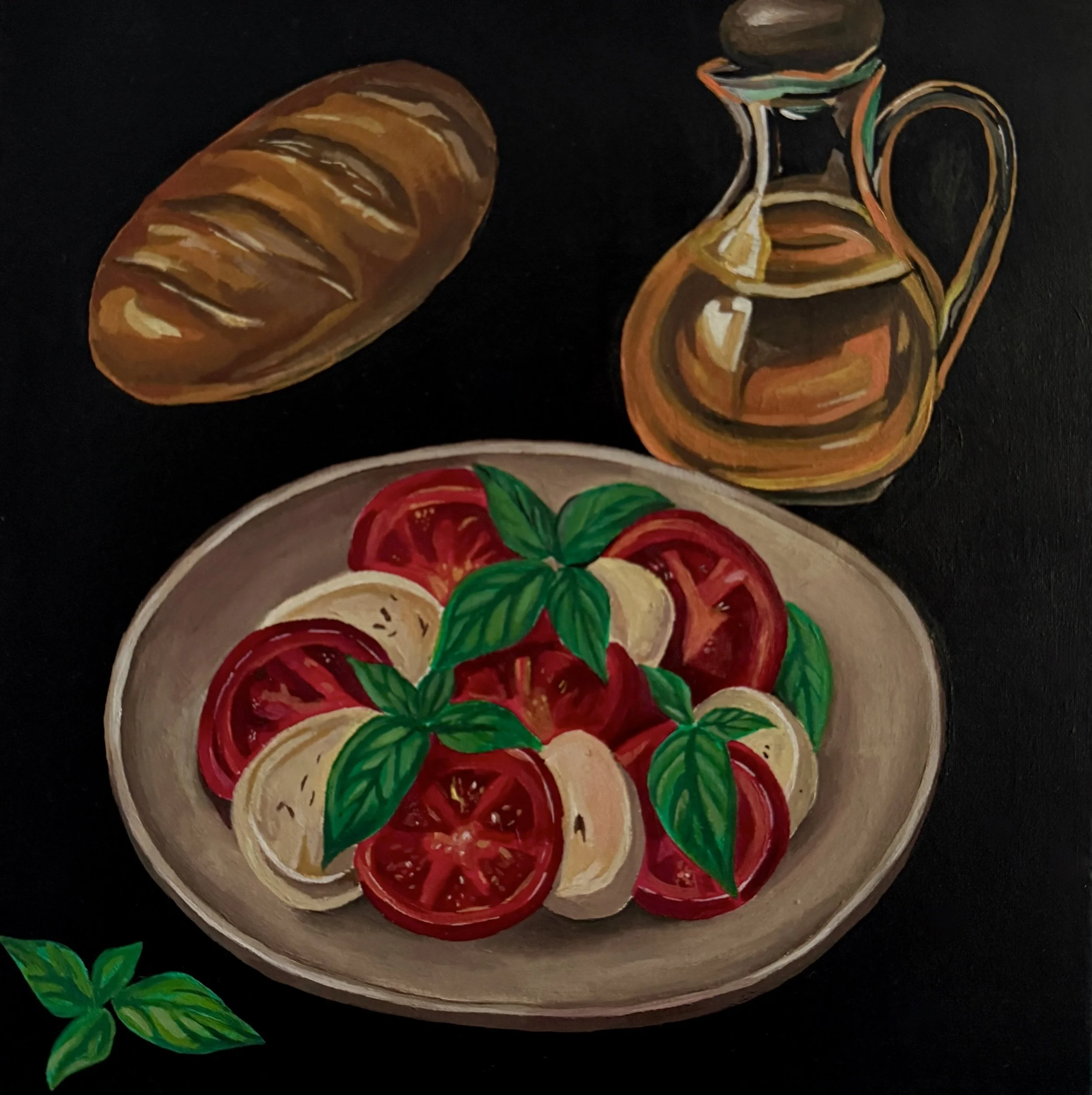 Fine art print ‘La Tavola’ by Daniyah. Colorful still life of Italian table essentials: fresh tomato and mozzarella salad with basil, golden olive oil, and rustic bread, symbolizing tradition and conviviality.