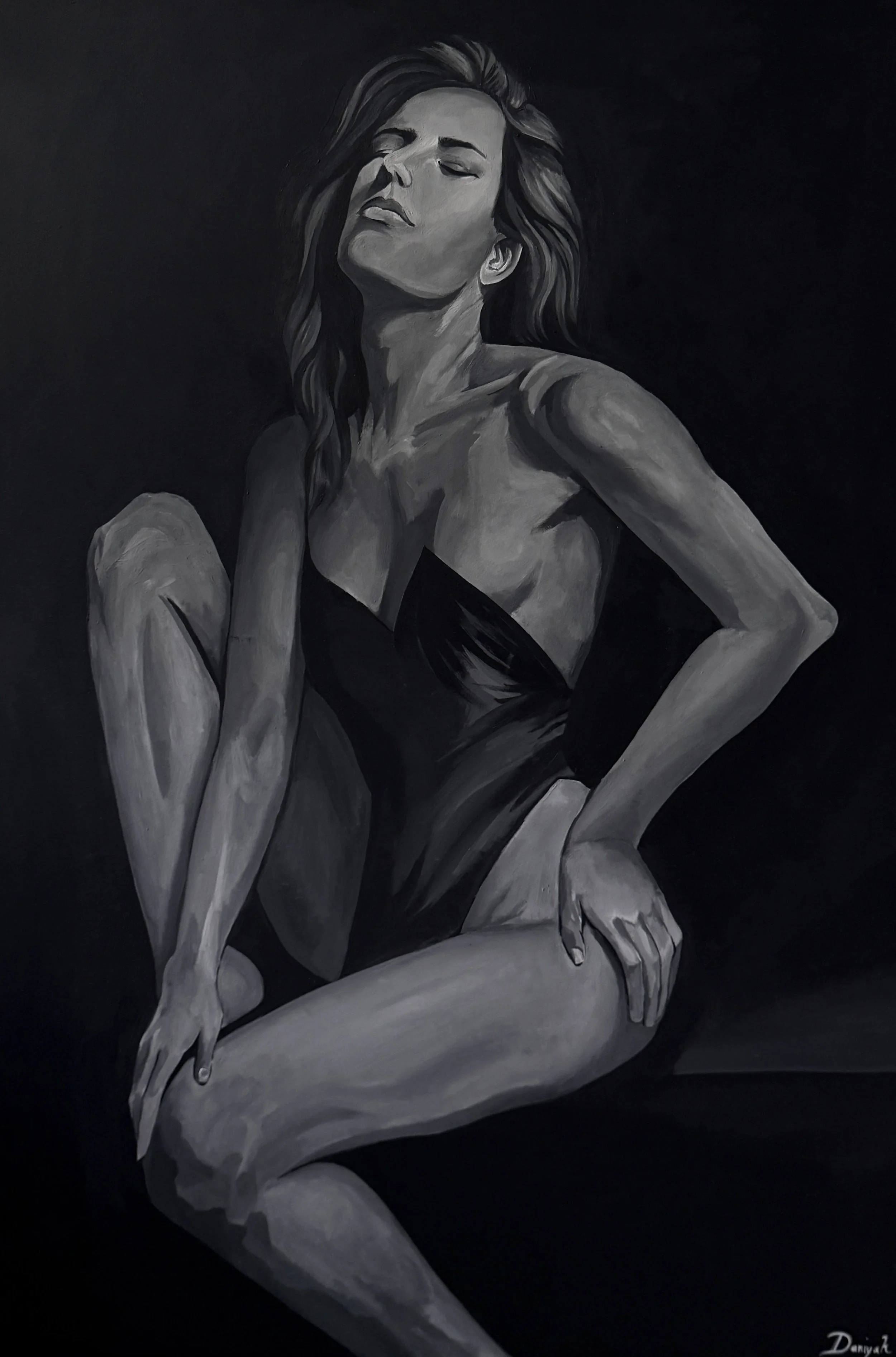 Fine art print ‘Noir Rêverie’ by Daniyah. Monochrome painting of a woman in deep shadows, symbolizing strength and allure.