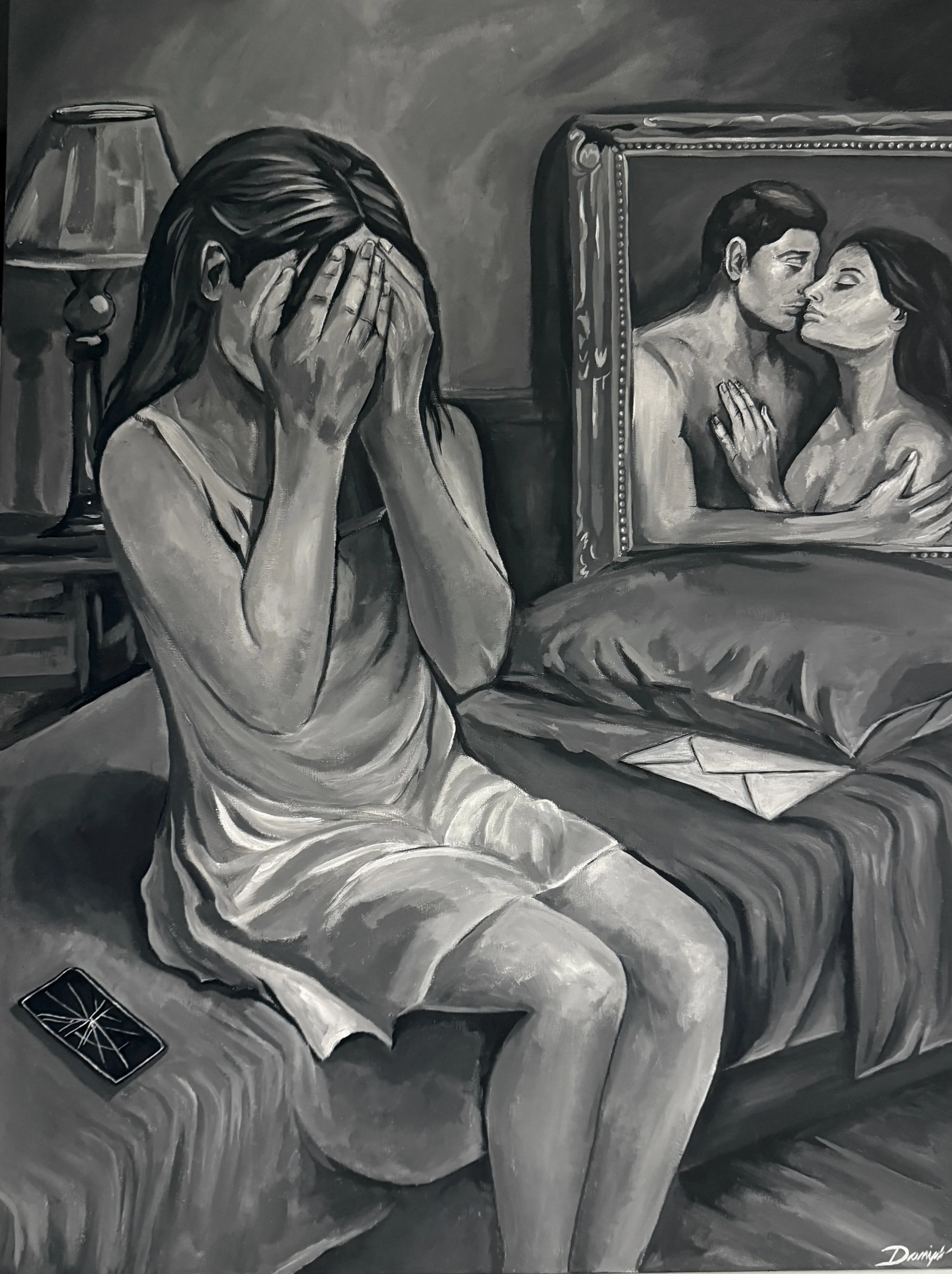 Fine art print ‘Abandonment’ by Daniyah. Emotional monochrome painting of a woman sitting on a bed with her face buried in her hands, conveying grief and vulnerability, with a faded image of a couple in the background symbolizing loss and betrayal.