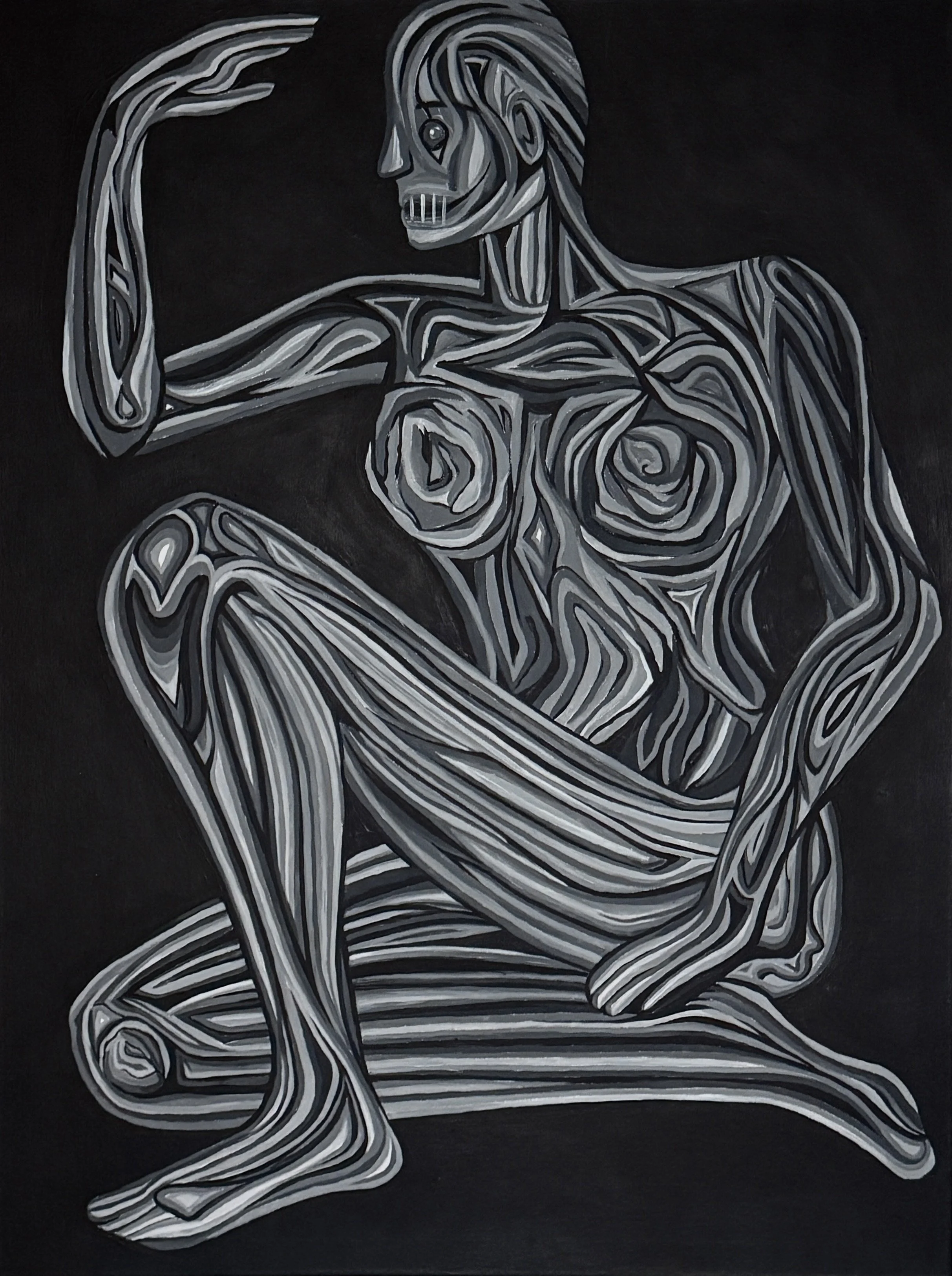 Fine art print ‘Silenced’ by Daniyah. Monochrome painting of a woman covering her mouth with her hand, evoking themes of silence, vulnerability, and unspoken truths.