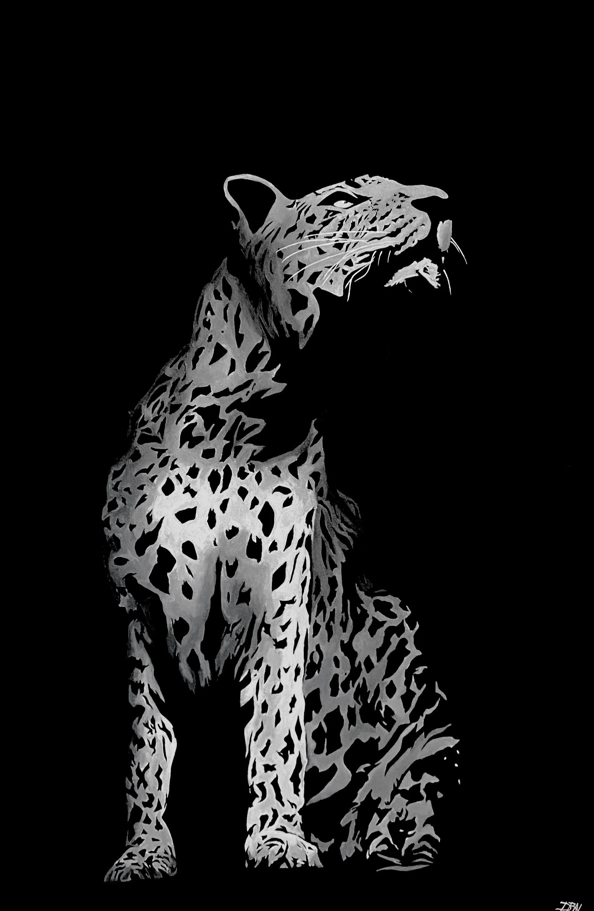 Fine art print ‘KABQI’ by Daniyah. Black-and-white acrylic painting of a powerful jaguar, symbolizing strength, elegance, and untamed energy