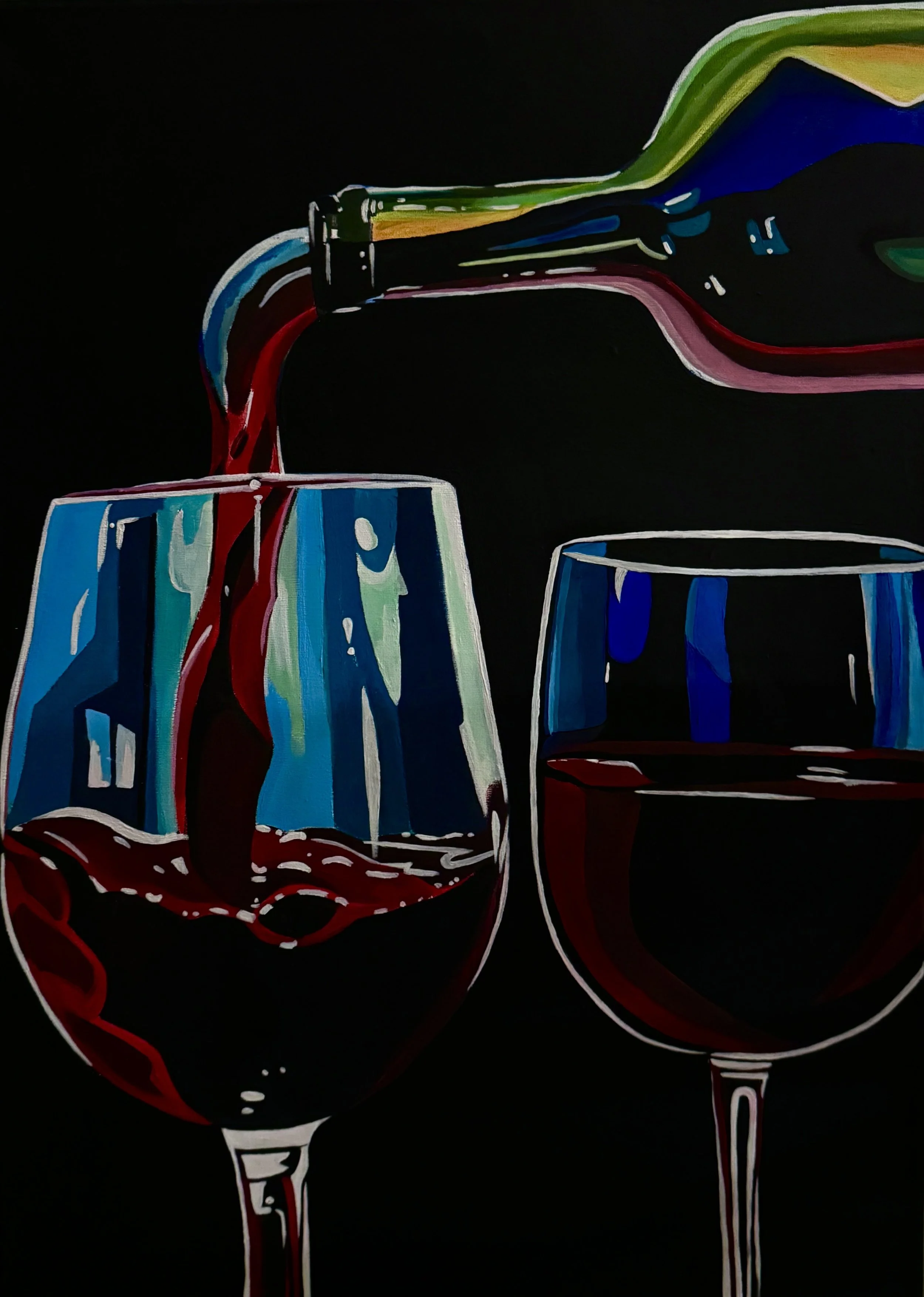 Fine art painting by Daniyah showing red wine being poured into a glass, with bold colors and reflections against a black background, symbolizing indulgence and celebration.