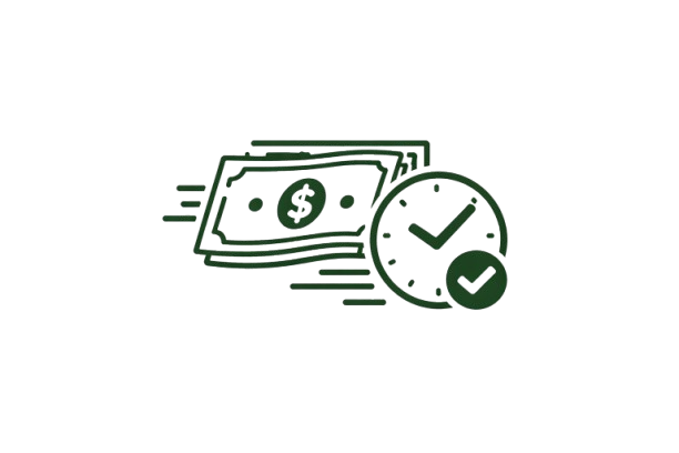 Illustration of a stack of dollar bills with a clock and a checkmark overlay