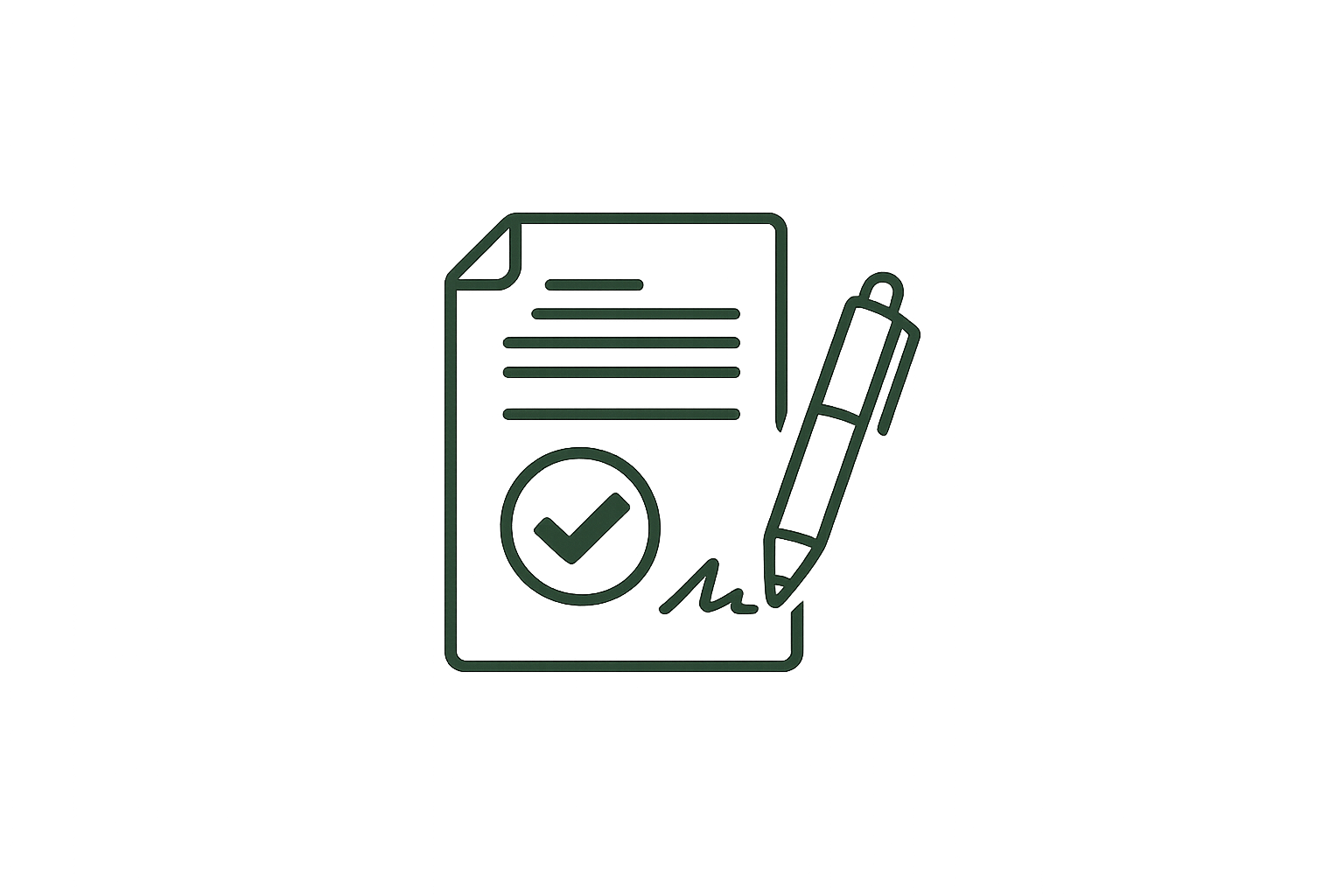 Outline of a document with a checkmark, a pen signing it, and lines representing text.