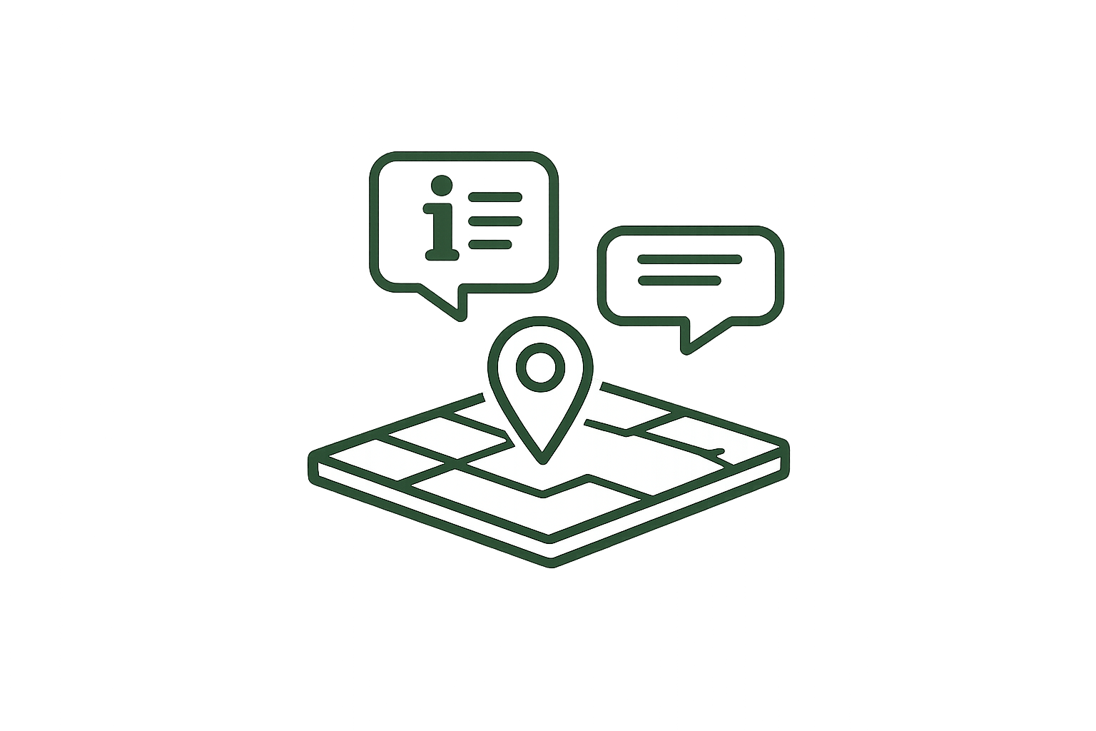 A digital illustration of a map with a location pin and chat bubbles, symbolizing navigation and communication.