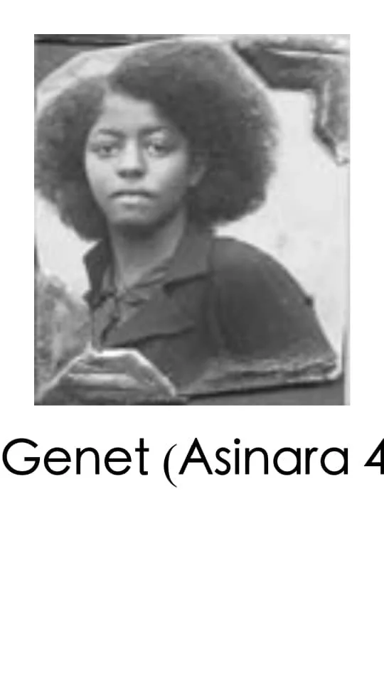Black and white photo of a woman with curly hair, looking at the camera. Text below the photo reads: "Genet (Asinara 4)."
