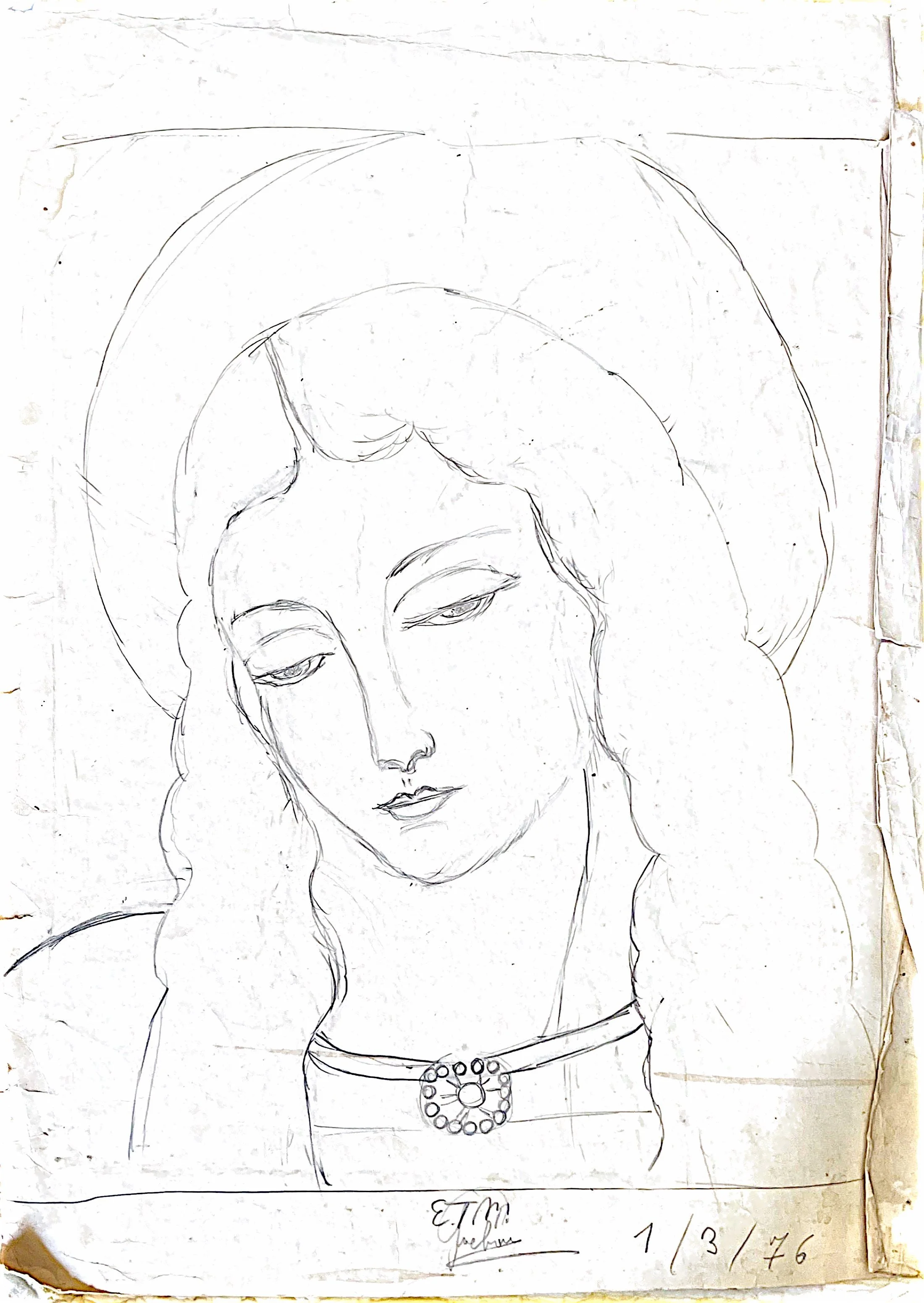 A hand-drawn portrait of a woman with long, wavy hair, wearing a necklace with circular decorative elements, and a top with a rounded neckline. The drawing is on a piece of paper with visible creases and the artist's signature and date at the bottom.