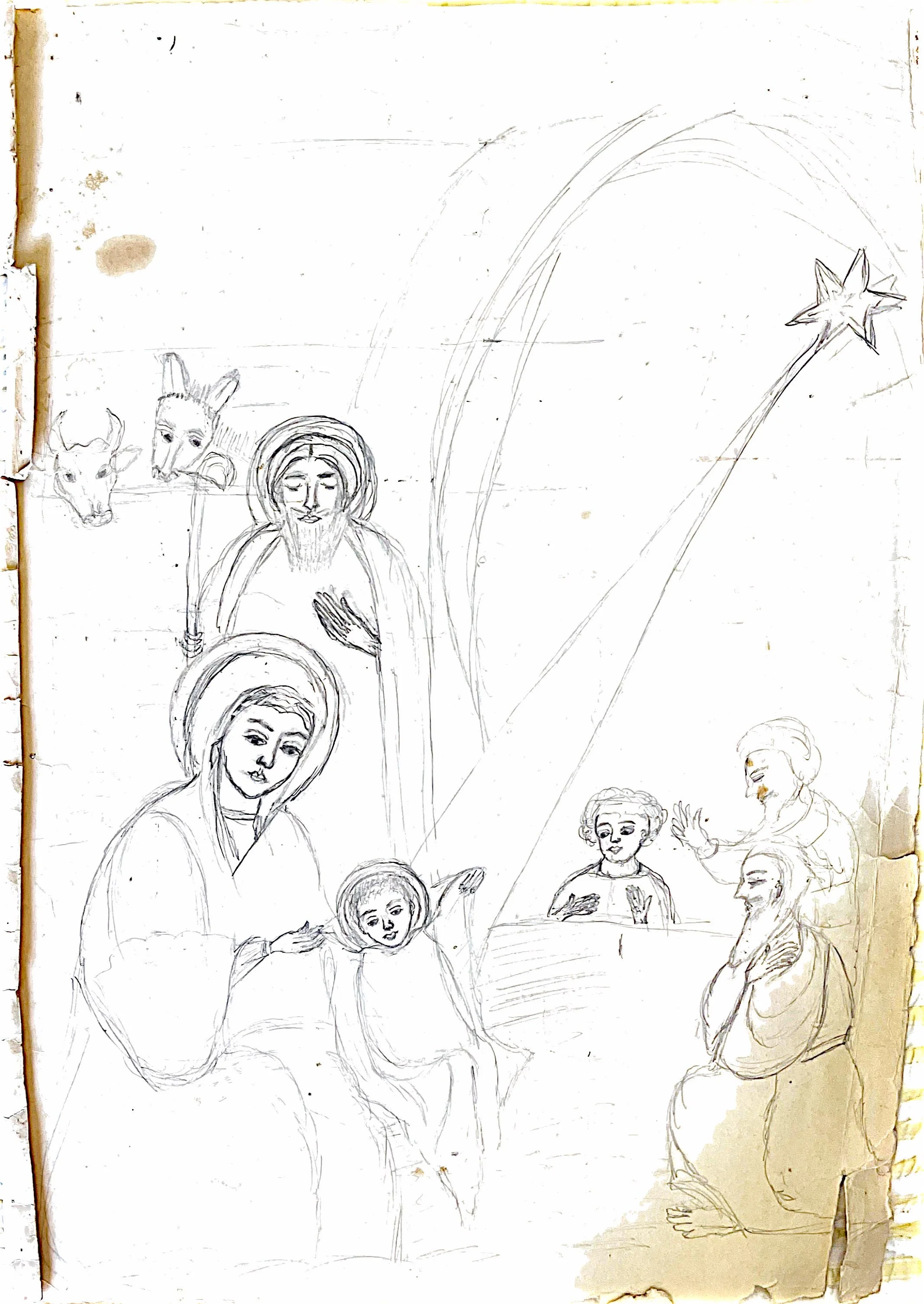 Sketch of Jesus Christ with children, some children with halos, and animals including cows and donkeys, with a rainbow and star in the background.