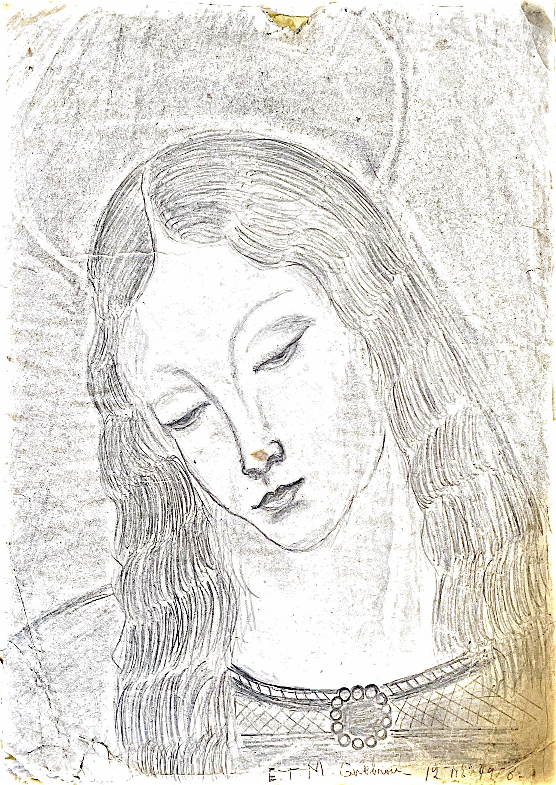 Sketch of a woman with long hair, wearing a necklace with large beads, and a top with a cross pattern. She appears to have closed eyes and a serene expression.