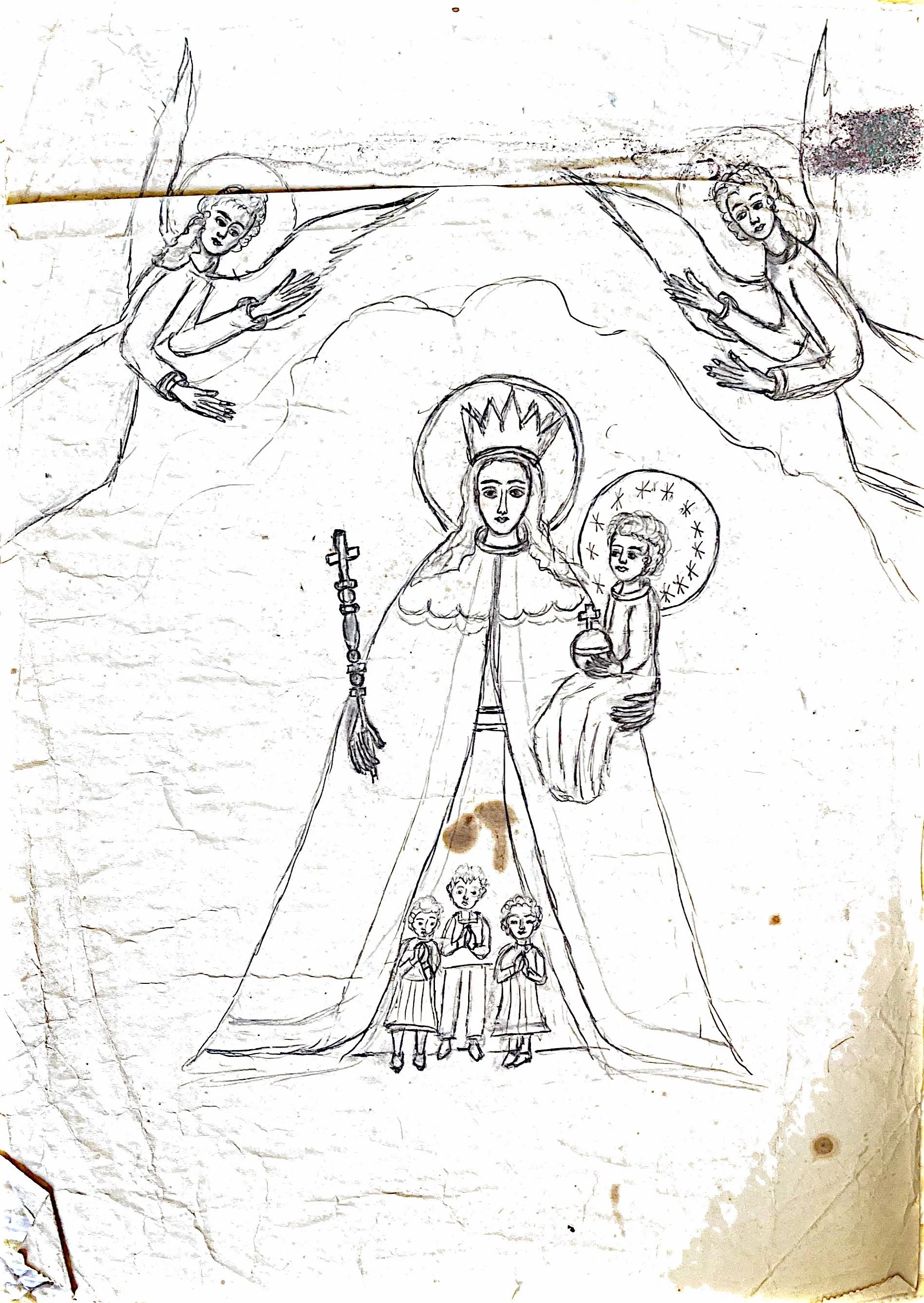 Hand-drawn religious image of Madonna with Child, surrounded by angels and saints, with some children at the bottom.