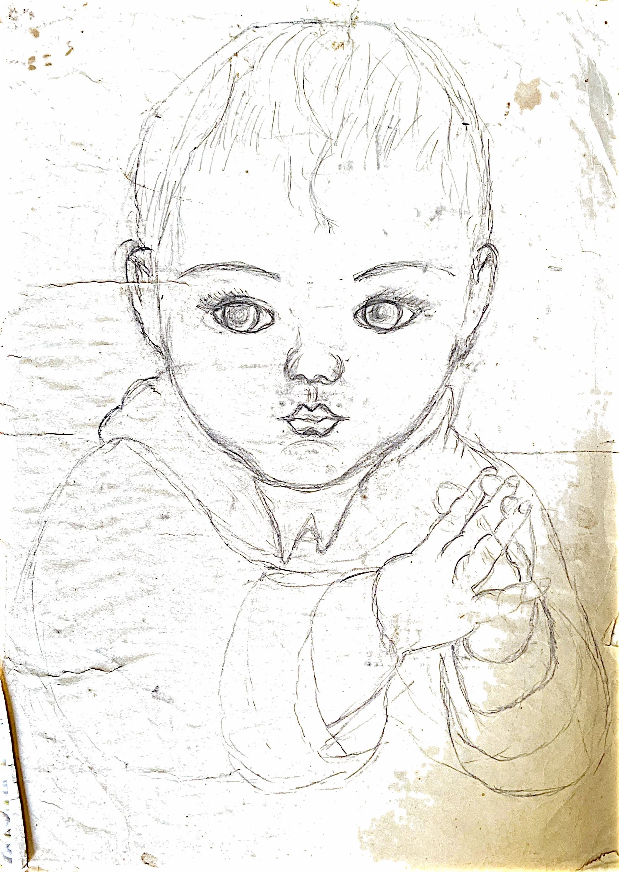 A pencil sketch of a young child with short hair, large eyes, and a thoughtful expression, holding an object in their hand.