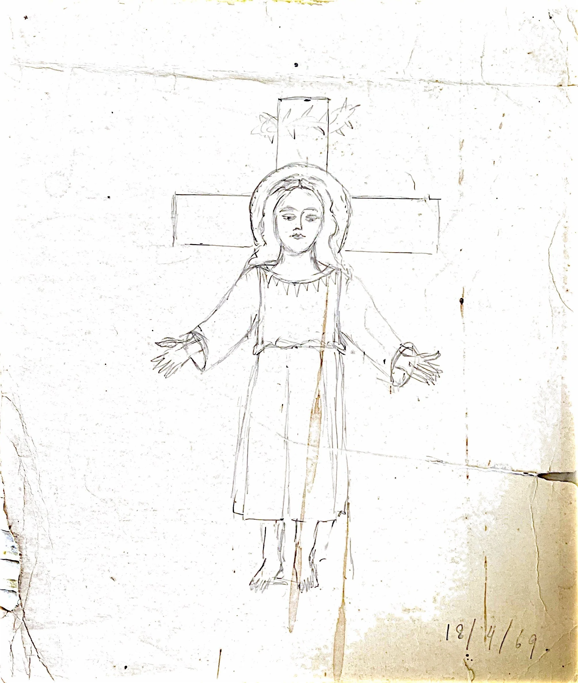 A hand-drawn sketch of Virgin Mary with a halo around her head, wearing a dress with a decorative neckline, with her arms outstretched.