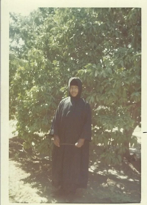 A woman standing outdoors in front of a large leafy tree, wearing a dark hijab and abaya, smiling.