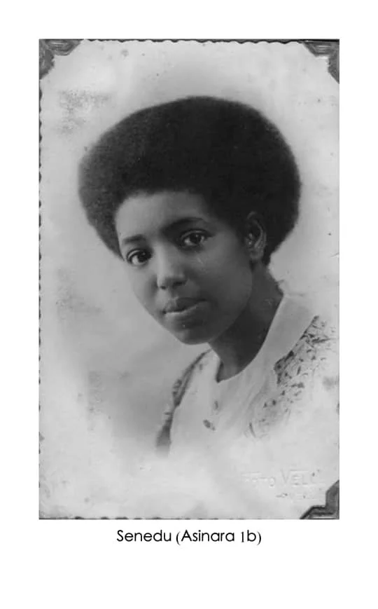 Black and white portrait of a woman with natural hair, wearing a light-colored top with lace details, looking directly at the camera. The photo appears to be vintage. Caption reads "Senedu (Asinara 1b)."