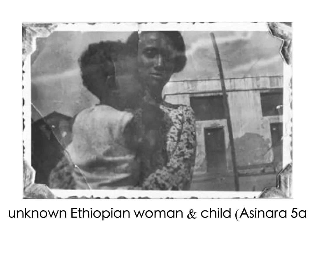 Black and white photograph of an Ethiopian woman and child, with an aged photo border, in a rural setting.