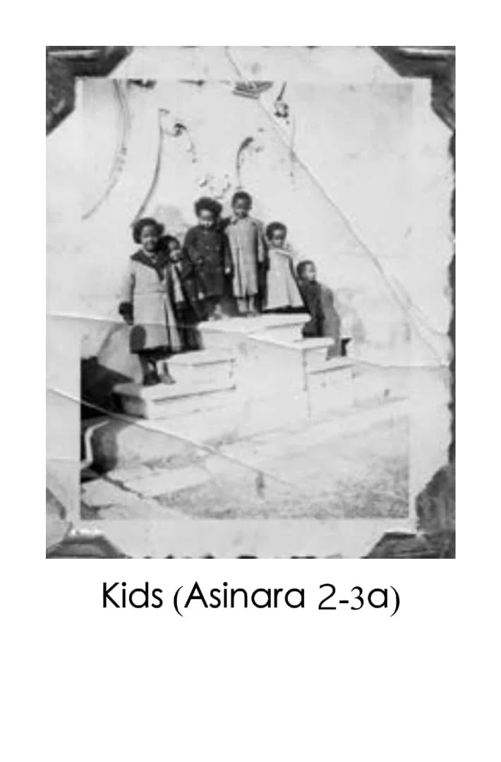 Black and white photograph of seven children standing on steps outdoors, with a white tent in the background. Caption reads "Kids (Asinara 2-3a)."